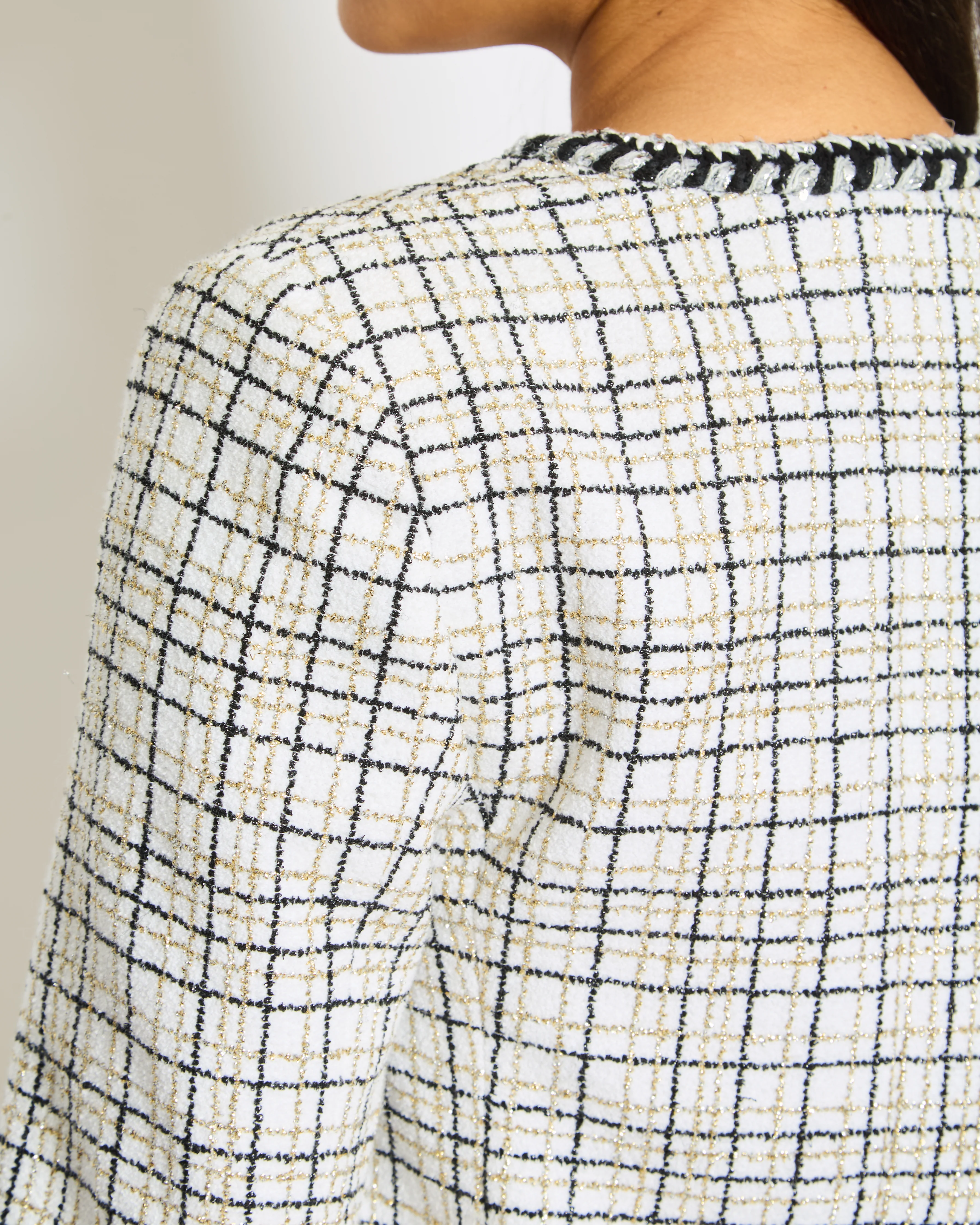 Chanel 24/C White, Black, Gold Check Tweed Jacket with Silver Black Trim Detail CC Button Size FR 36 (UK 8) - Image 3