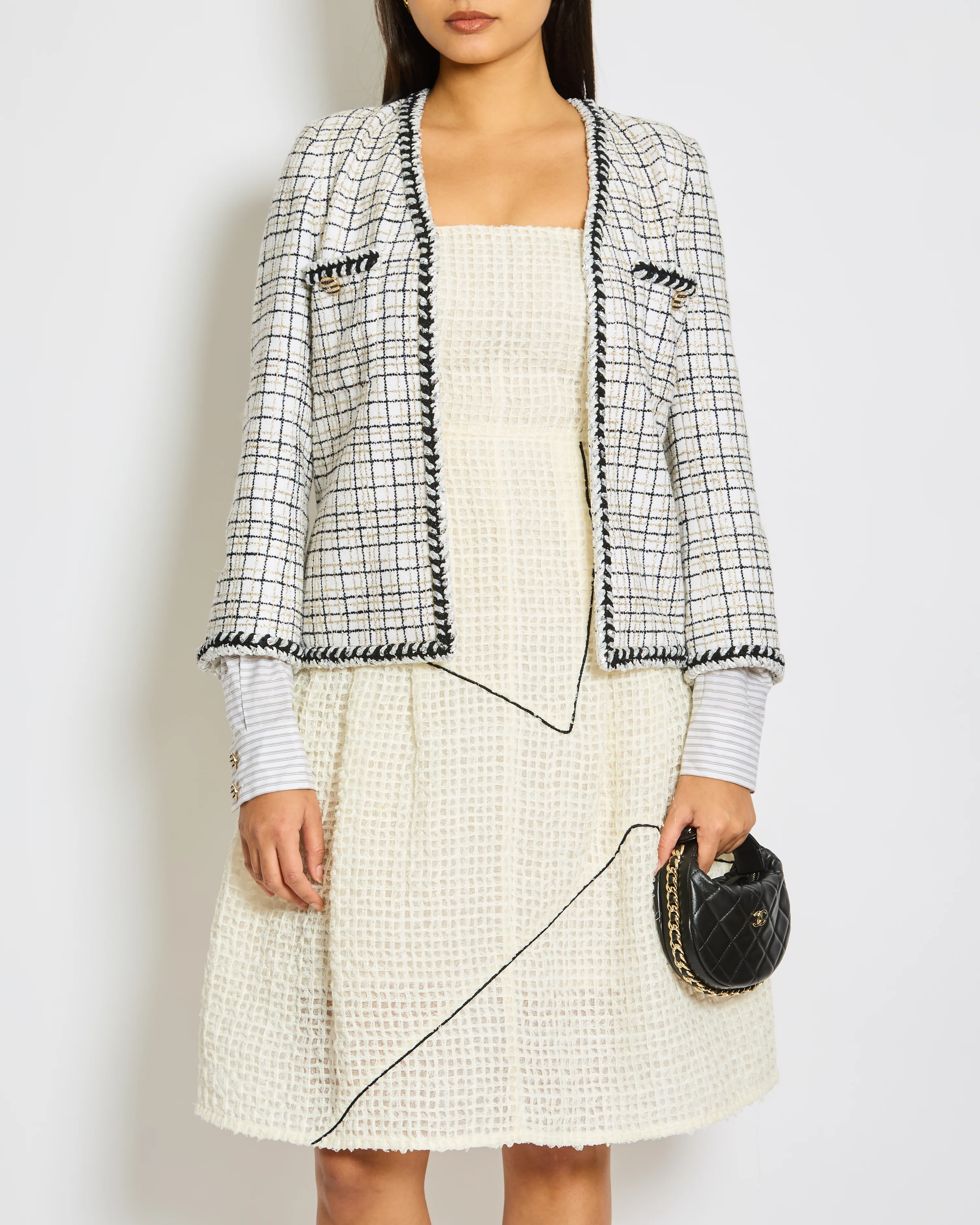 Chanel 24/C White, Black, Gold Check Tweed Jacket with Silver Black Trim Detail CC Button Size FR 36 (UK 8) - Image 7