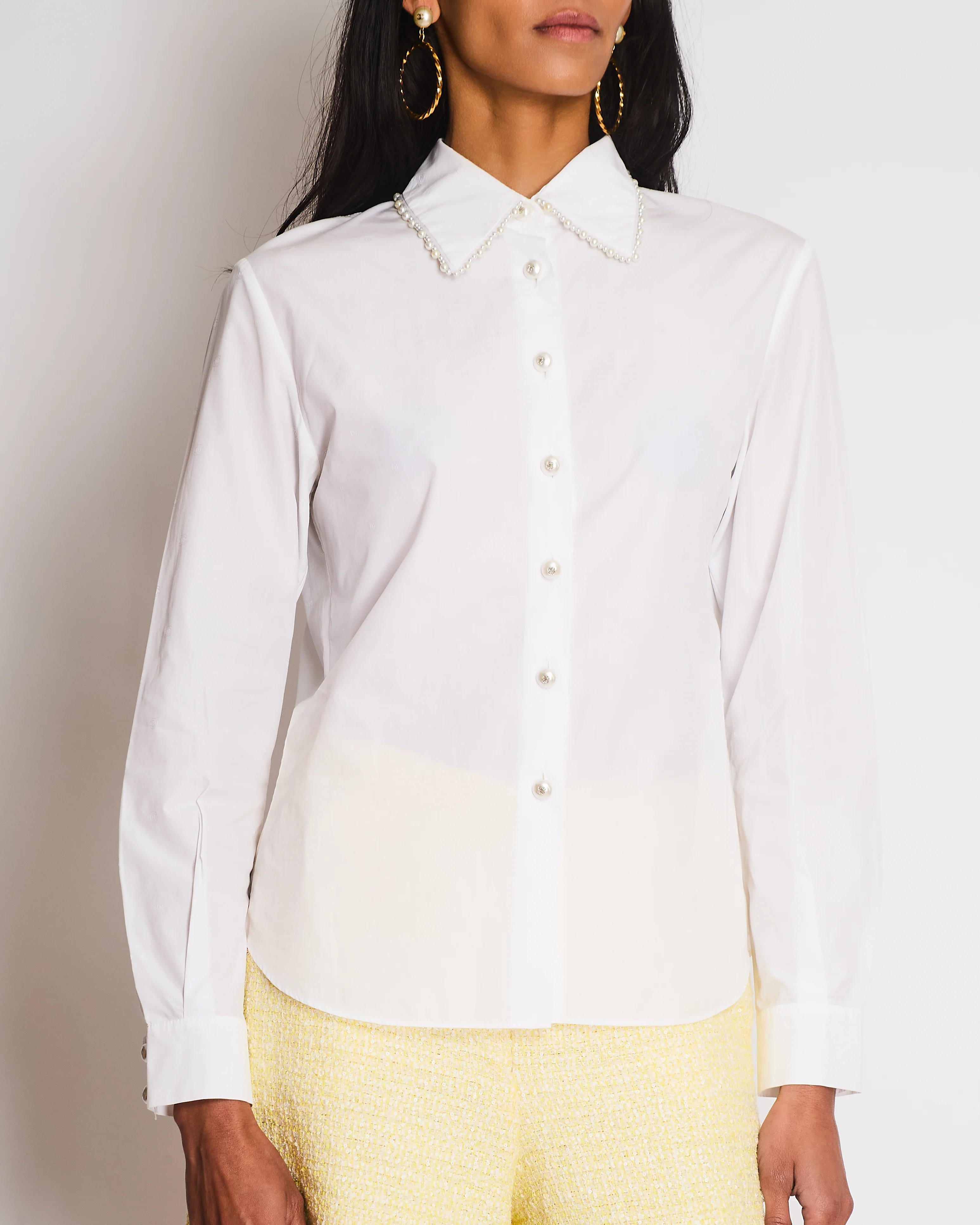 Chanel White Button Down CC Logo Shirt with Pearl Collar Detail Size FR 38 (UK 10)