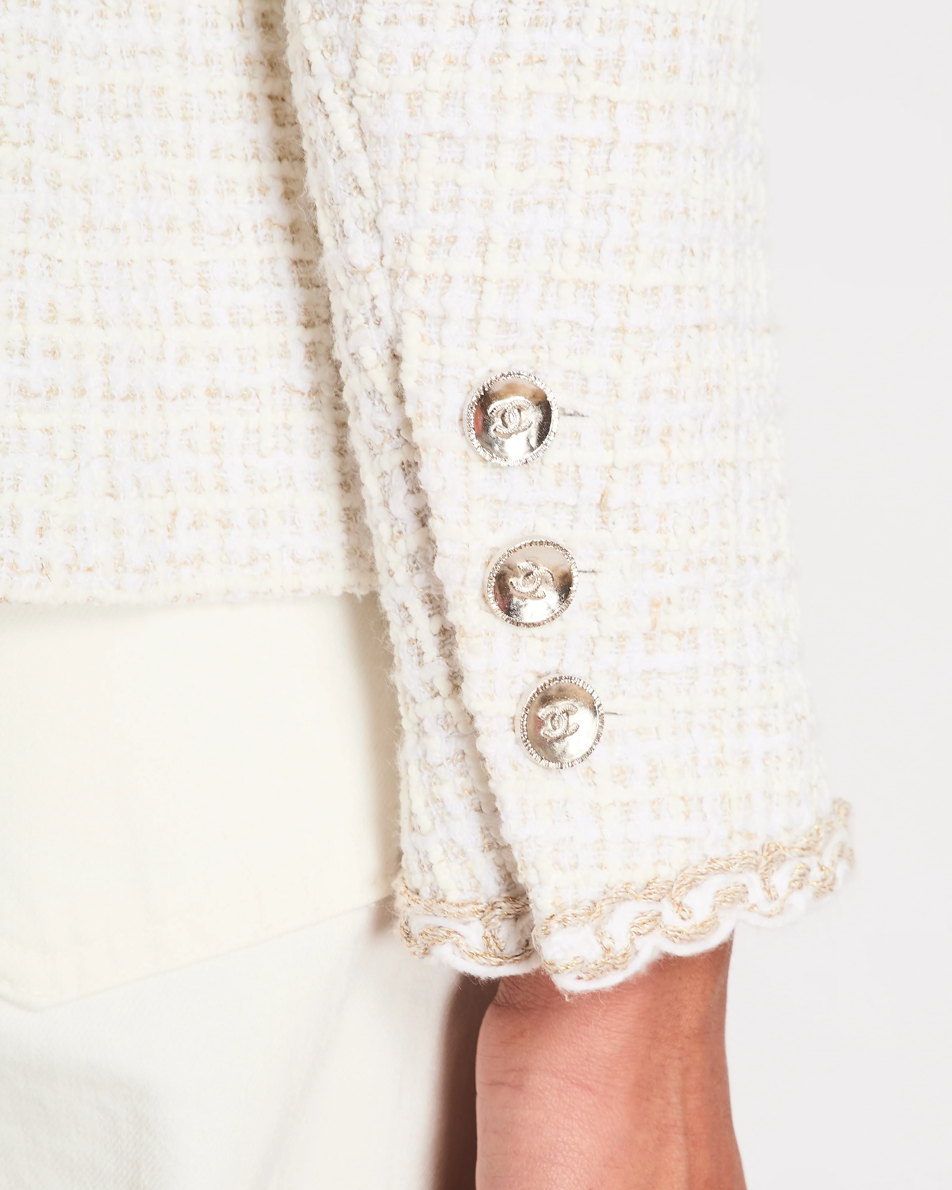 Chanel White Double Breasted Tweed Jacket with Weaved Trim Detail Size FR 38 (UK 10) - Image 6
