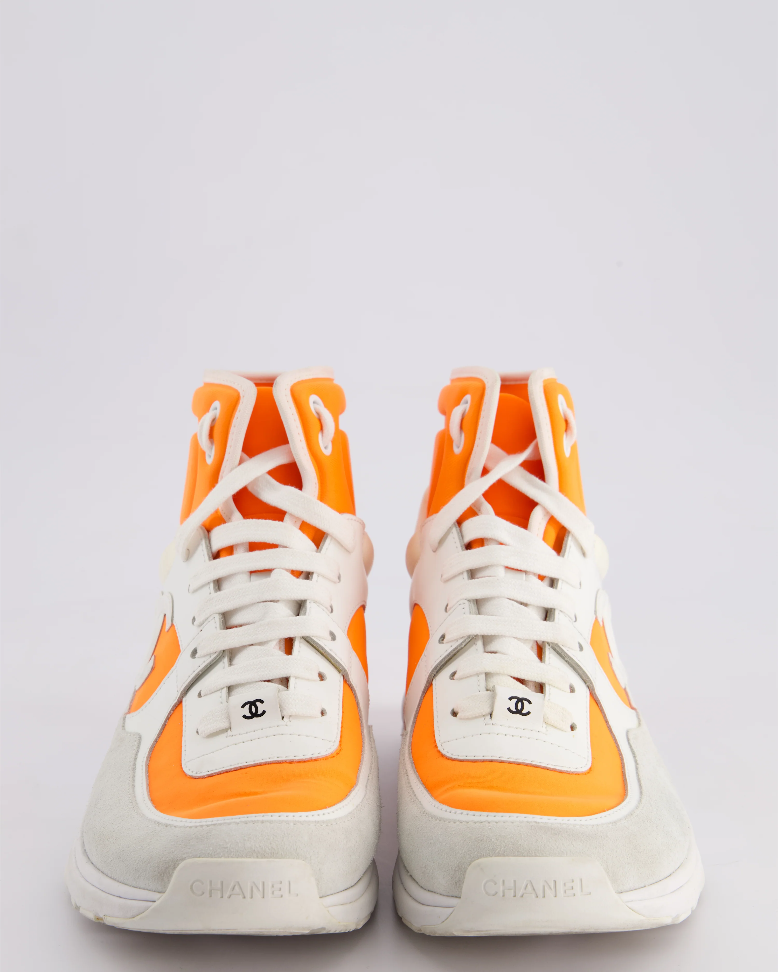 Chanel SS/18 White Leather and Neon Orange Nylon Laced High Top Trainers Size EU 39 - Image 3