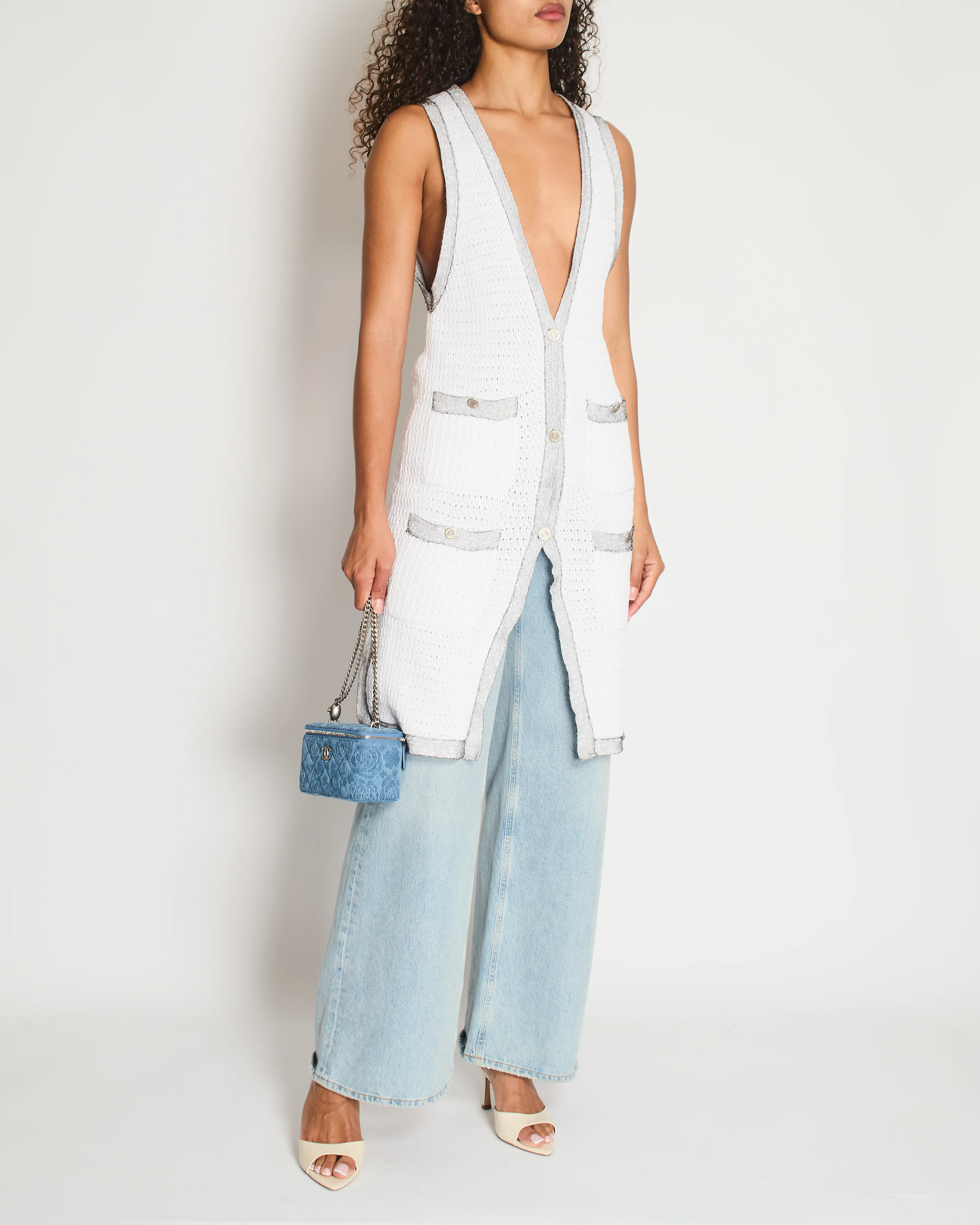 Chanel White Long Line Button Down Vest with Pocket Detail FR 38 (UK 10)