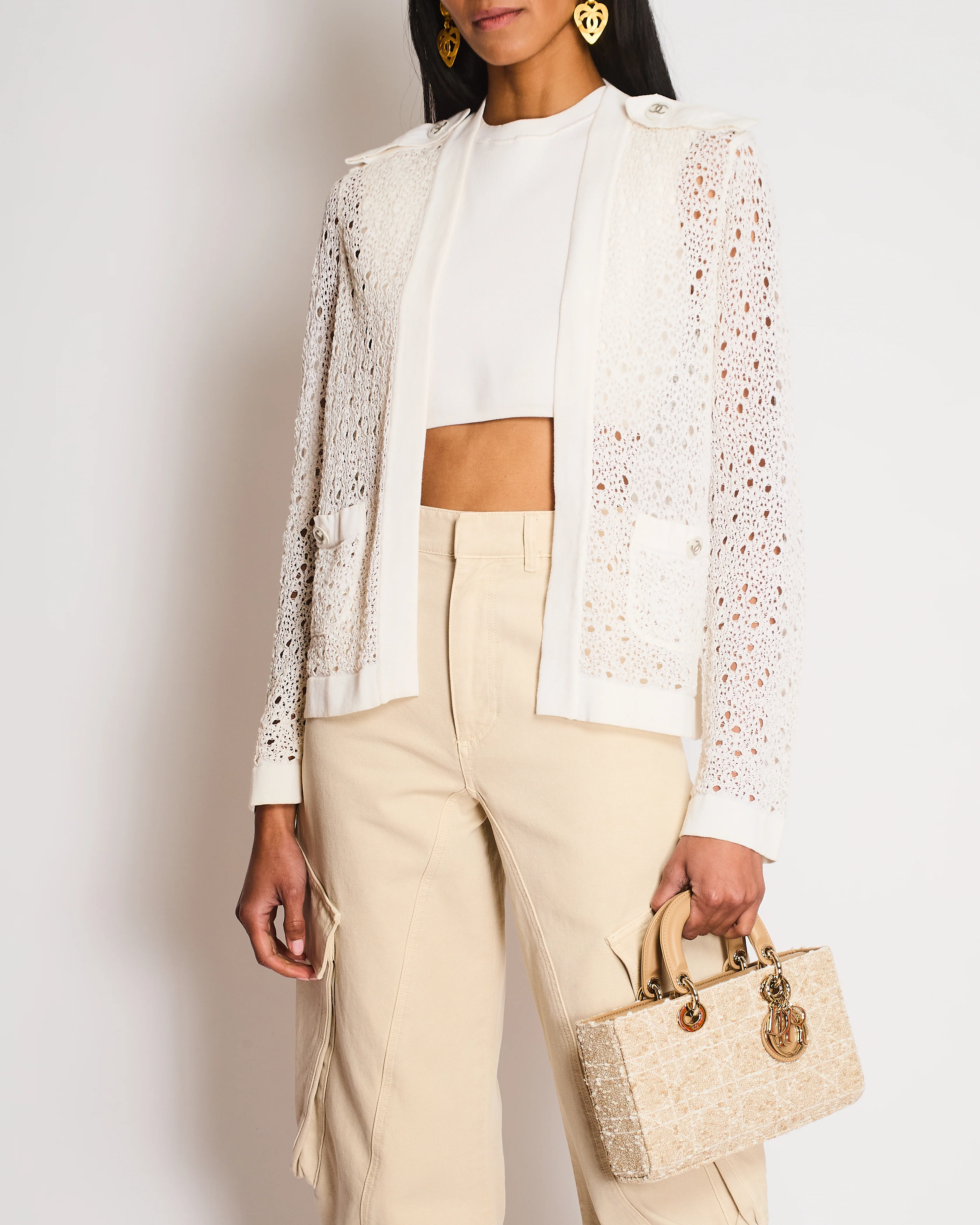 Chanel White Perforated Cardigan with CC Lapel and Button Detail Size FR 46 (UK 18) - Image 2