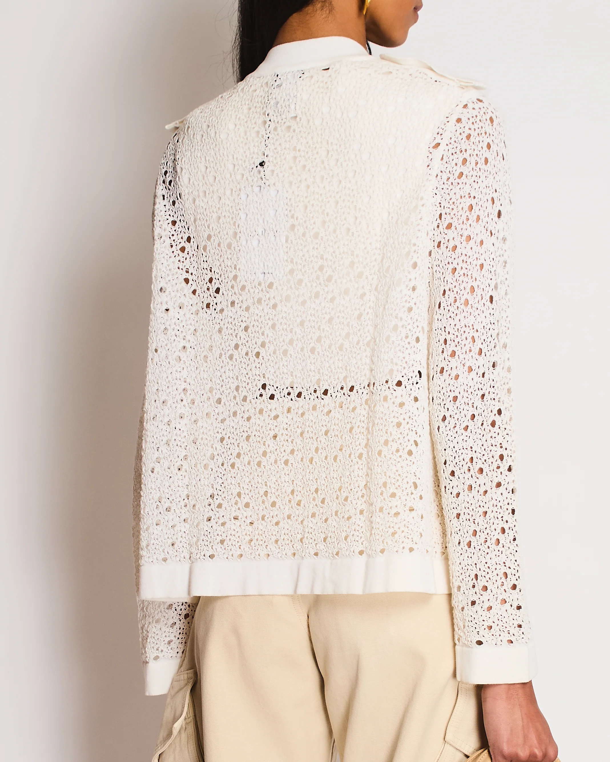 Chanel White Perforated Cardigan with CC Lapel and Button Detail Size FR 46 (UK 18) - Image 6
