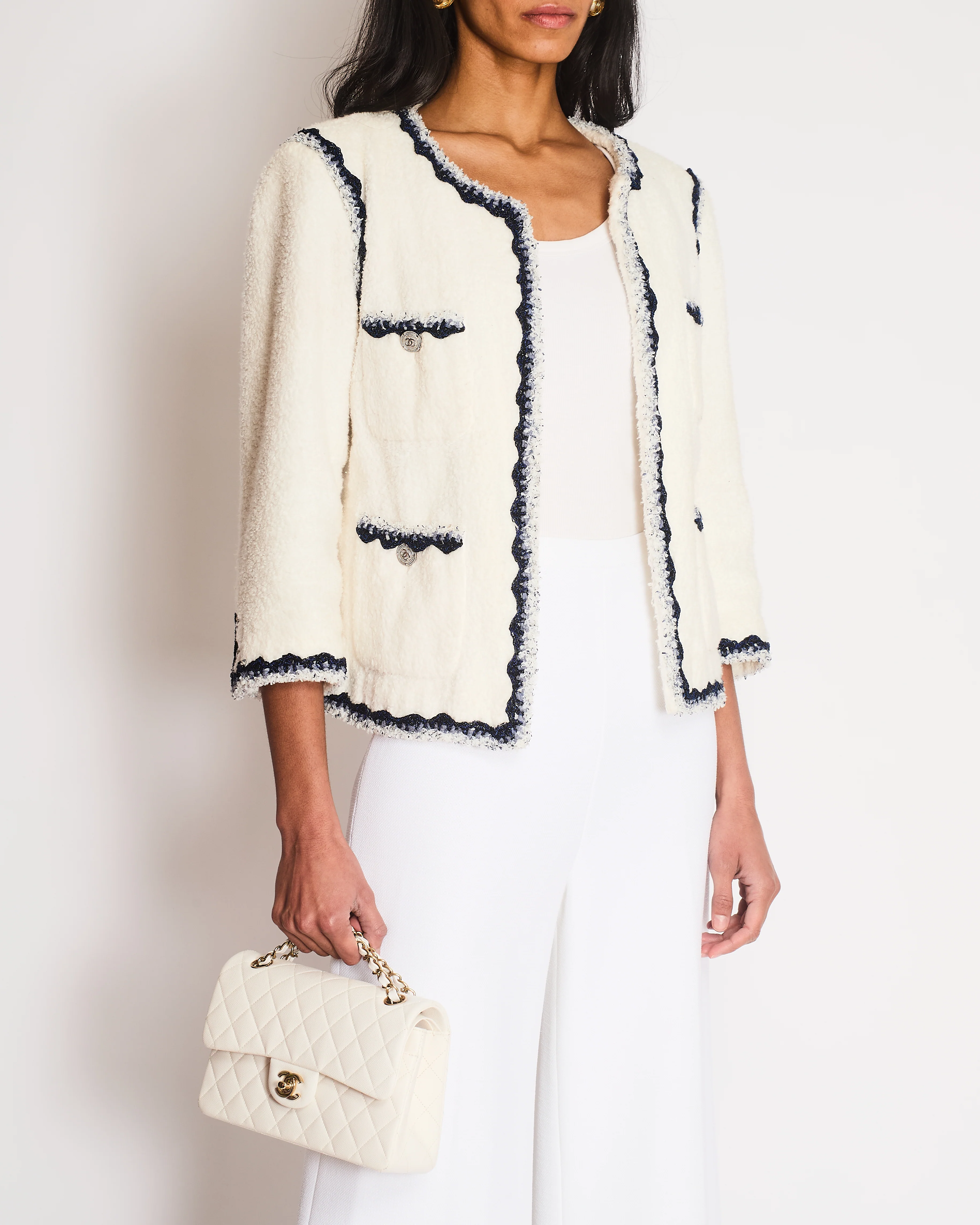 Chanel Cruise 2012 White Terrycloth Jacket with Blue Tweed Trim and Silver CC Logo Buttons Size FR 40 (UK 12)