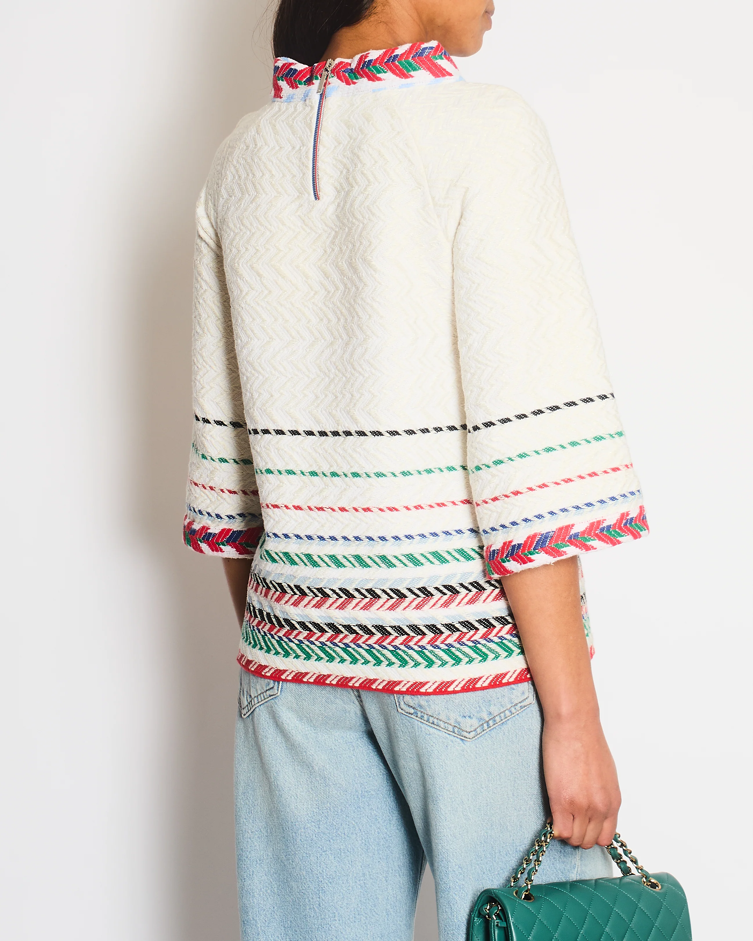 Chanel 16/S White Tweed Chevron Short Sleeve Top with Silver Botton Detail FR 38 Size UK 8 - Image 5