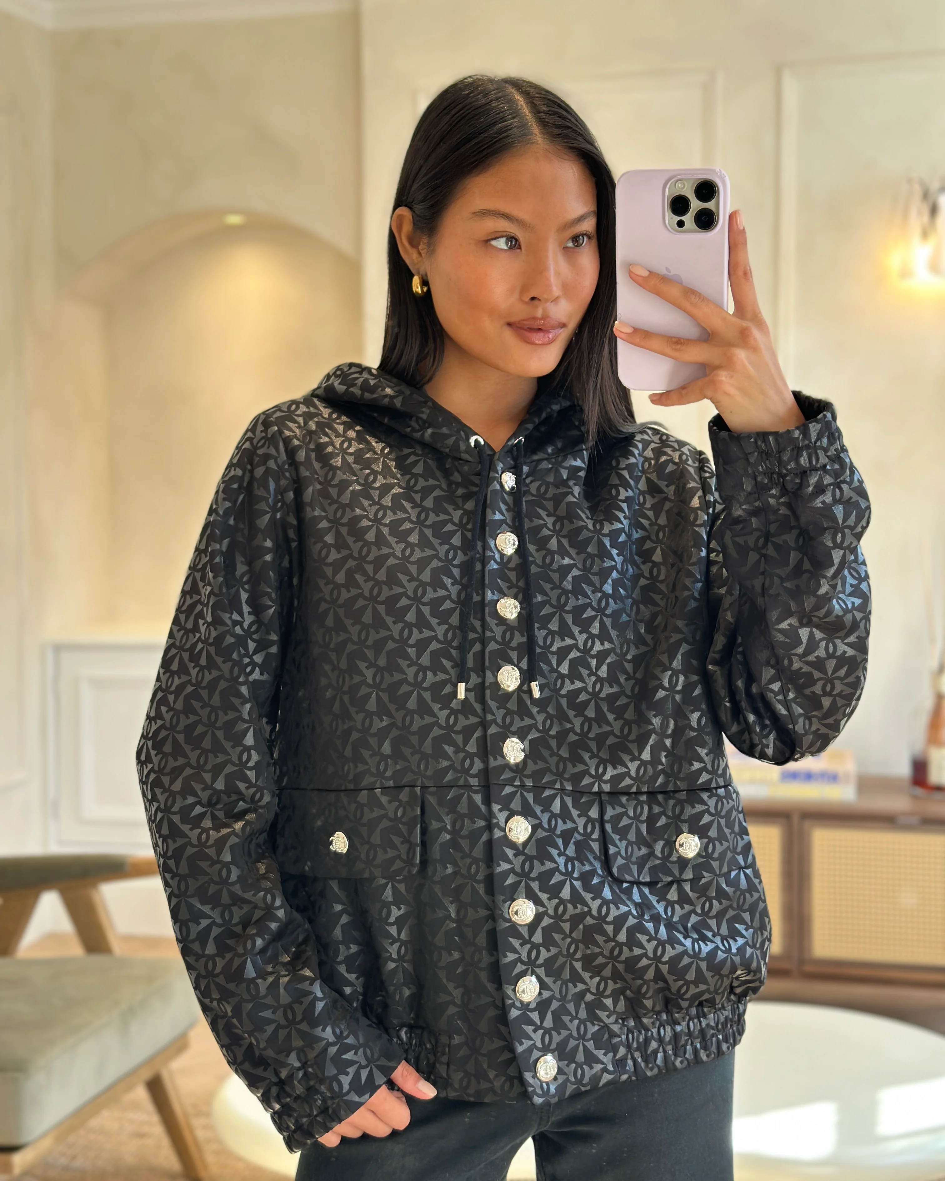 Chanel 2023 Coco Neige Black CC Logo Hooded Jacket with CC Crystal Buttons Detailing Size FR 42 (UK 14) RRP £3,630 - Image 6