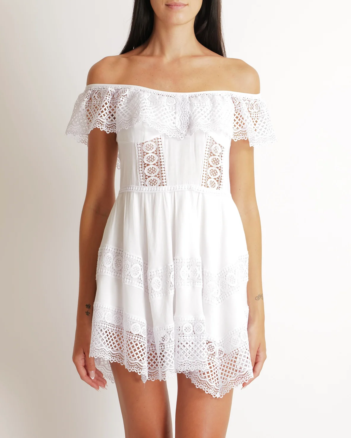 Charo Ruiz White Mini Dress with Lace Details Size M (UK 10)