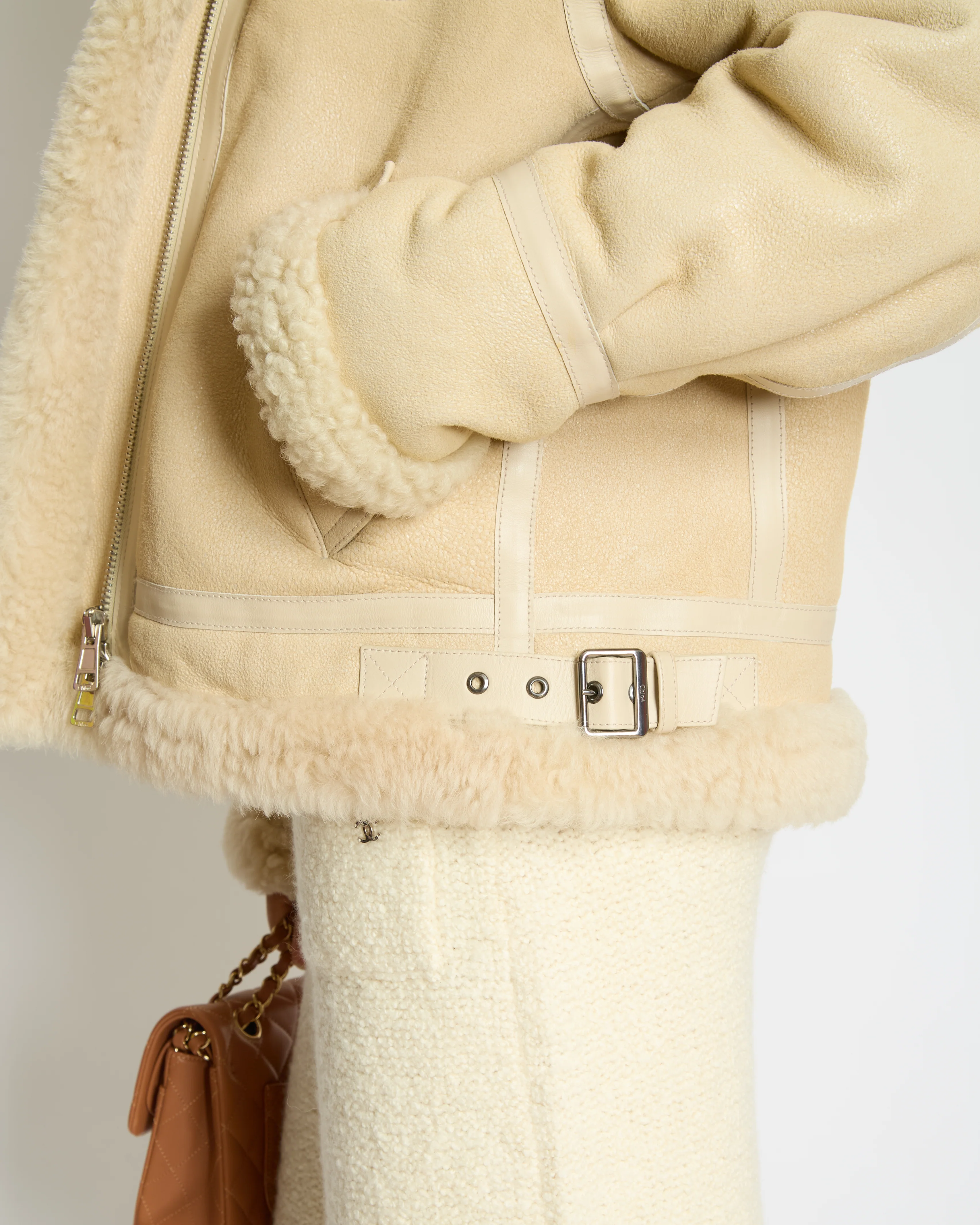 Chloé Beige Shearling Flight Logo Jacket with Detachable Hood Size FR 38 (UK 10) - Image 4