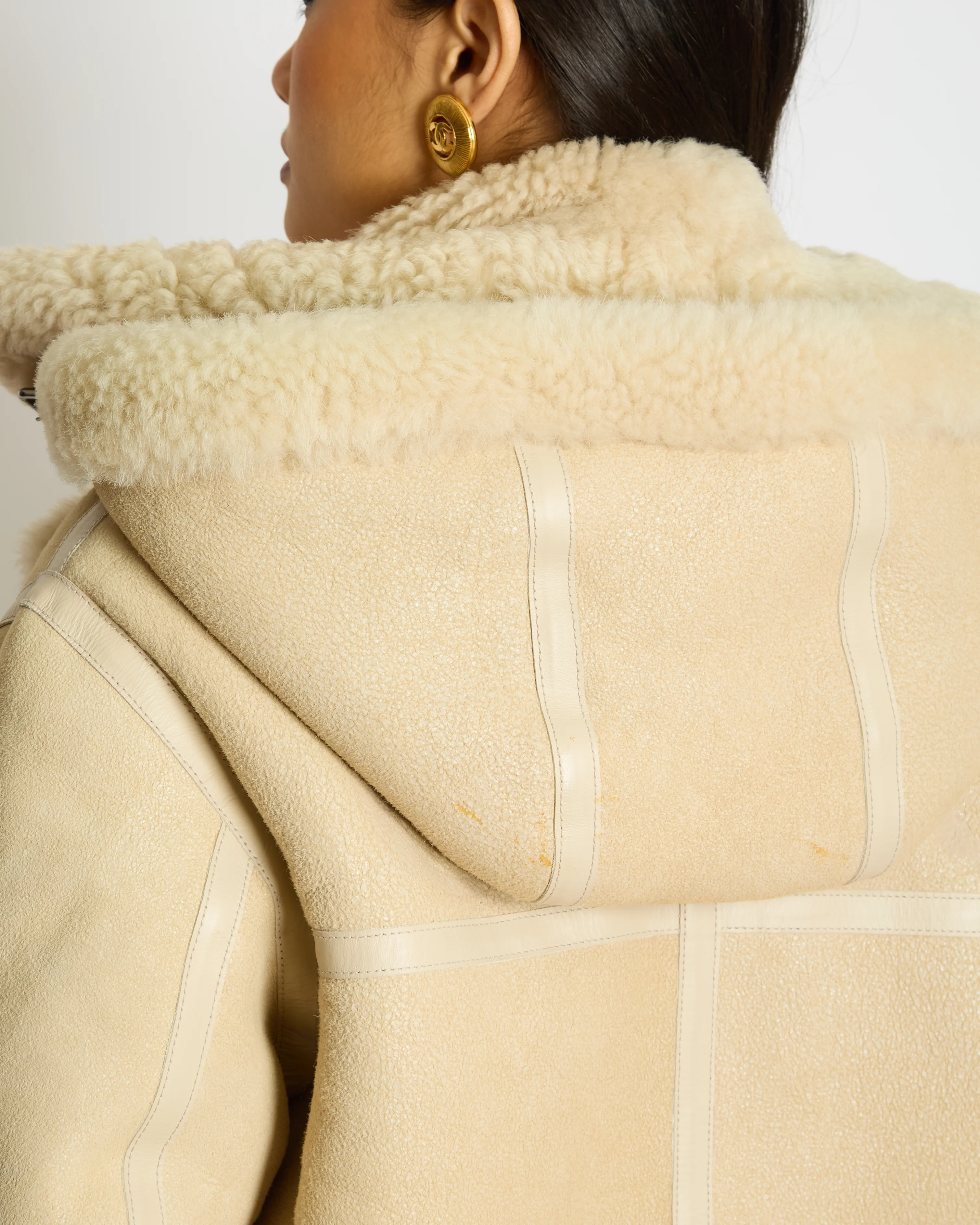 Chloé Beige Shearling Flight Logo Jacket with Detachable Hood Size FR 38 (UK 10) - Image 5