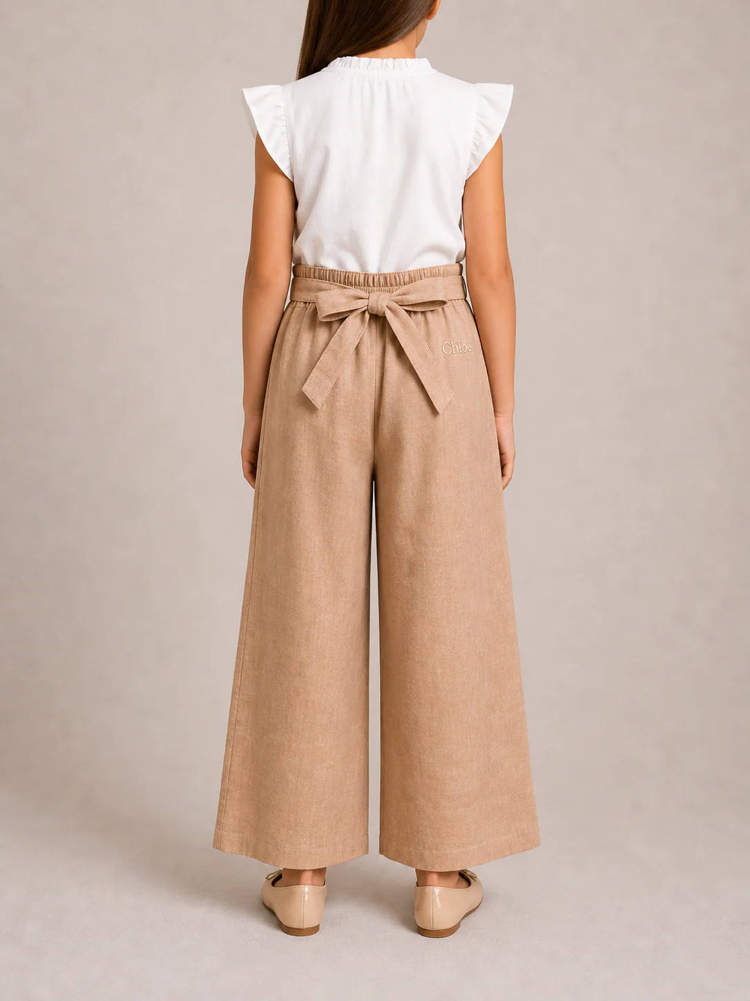 Chloé Kids Beige Linen Trousers with Gold Buckle Details and Back Logo Size 10 years - Image 2