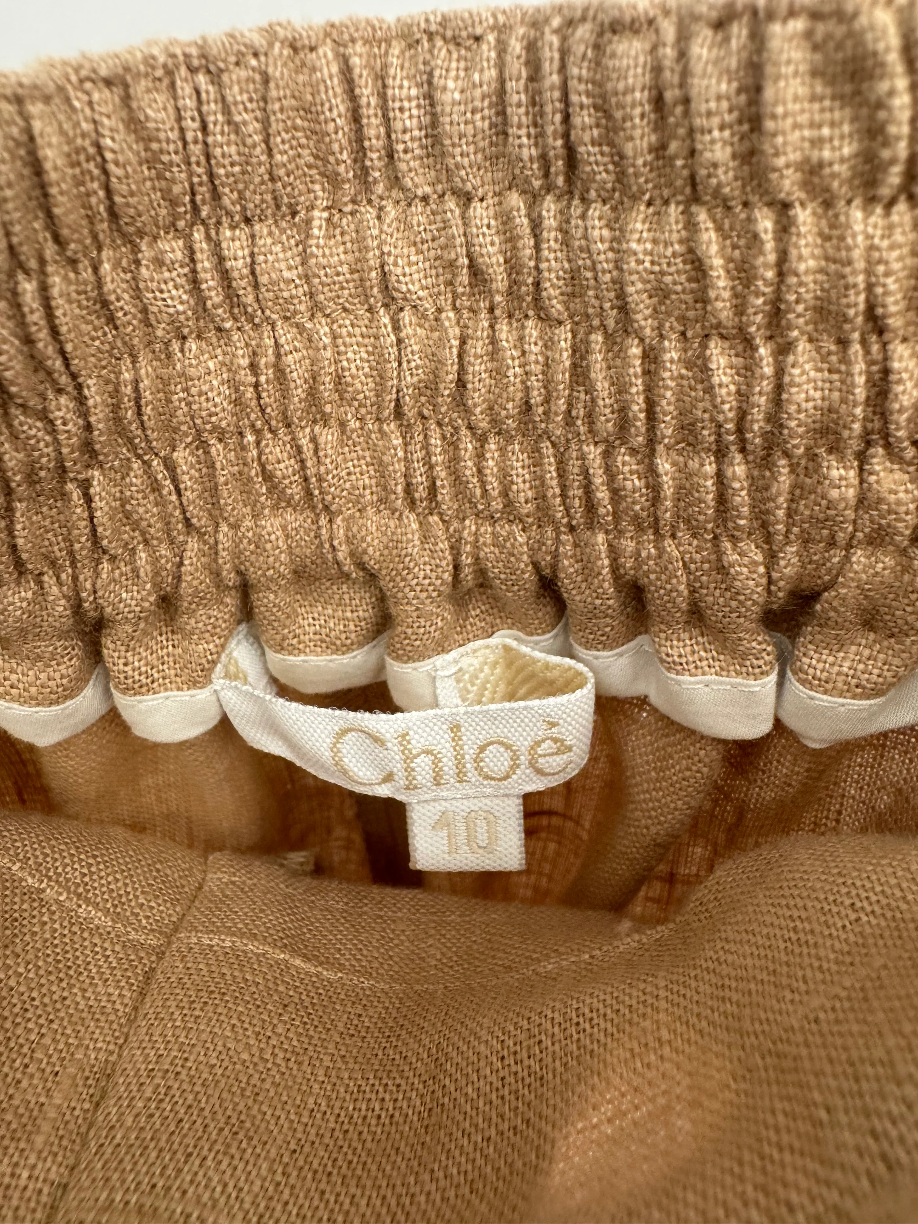 Chloé Kids Beige Linen Trousers with Gold Buckle Details and Back Logo Size 10 years - Image 5