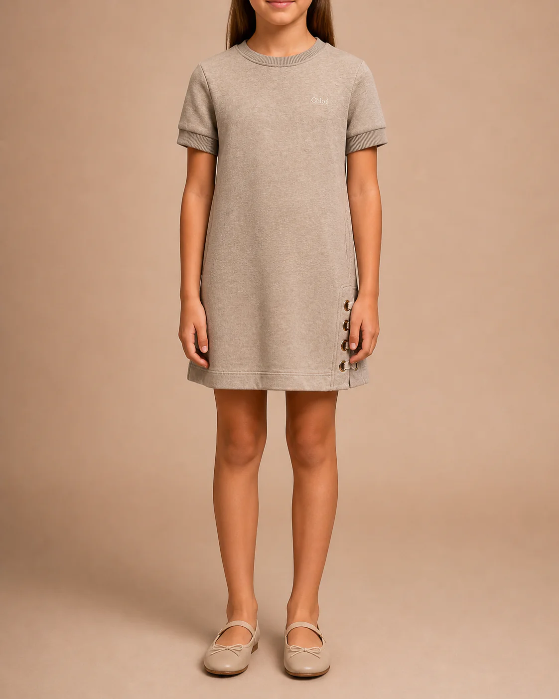 Chloé Kids Beige Short-Sleeve Dress with Logo and Buckle Details Size 10 years