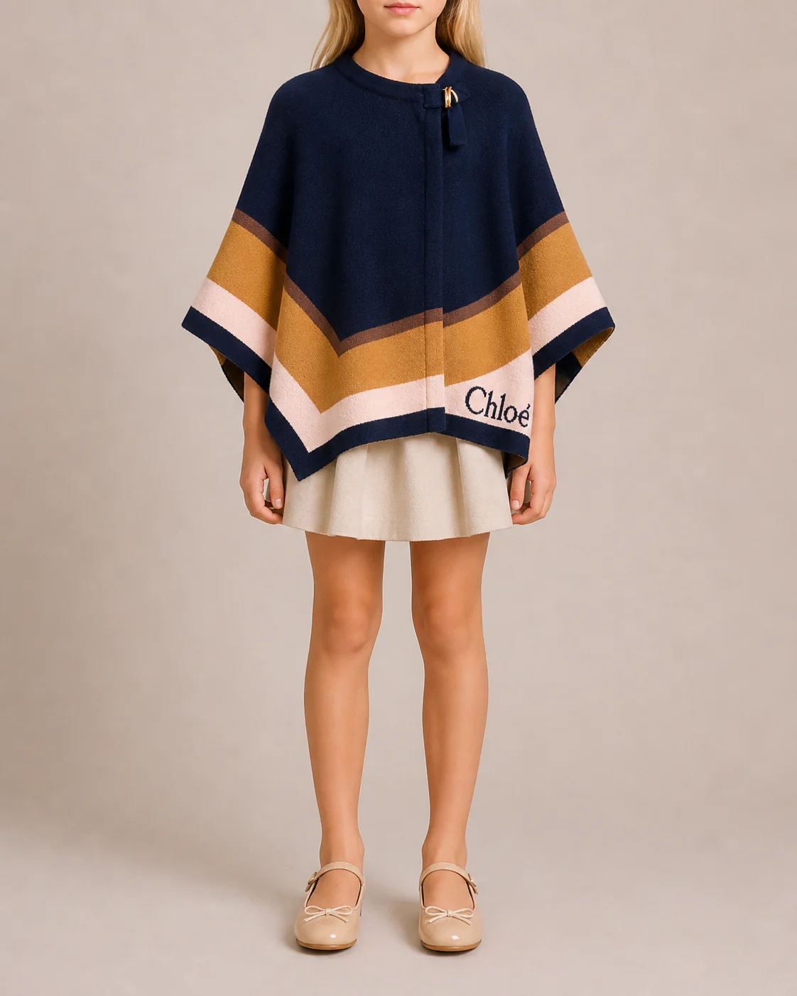 Chloé Kids Navy, Brown and Beige Cape with Logo Detail Size 8 years