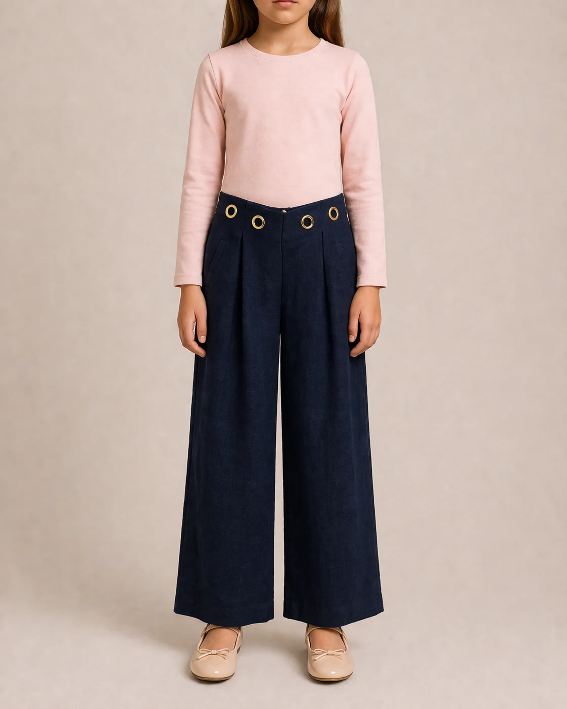 Chloé Kids Navy Linen Trousers with Gold Buckle Details and Back Logo Size 10 years
