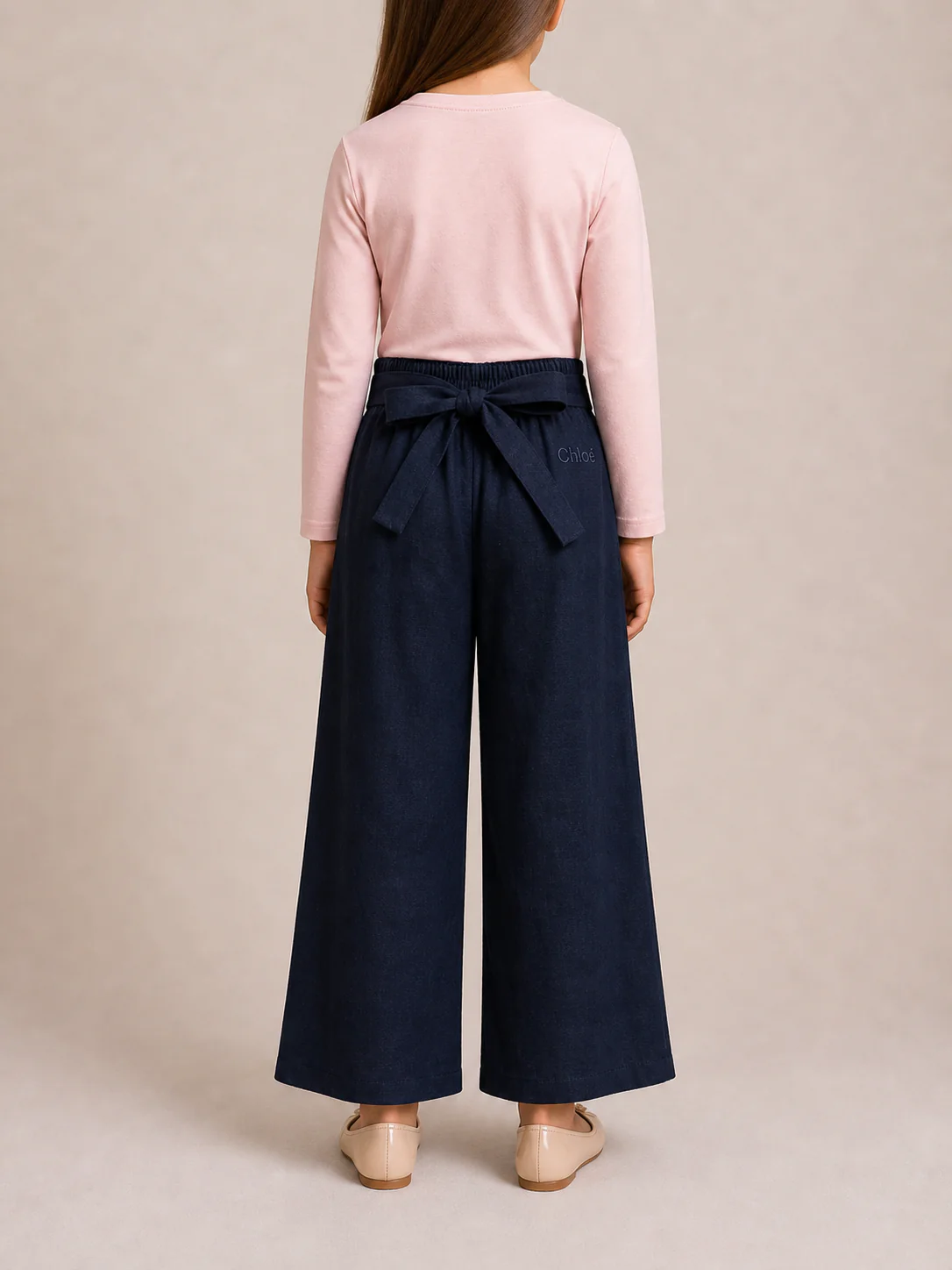 Chloé Kids Navy Linen Trousers with Gold Buckle Details and Back Logo Size 10 years - Image 2