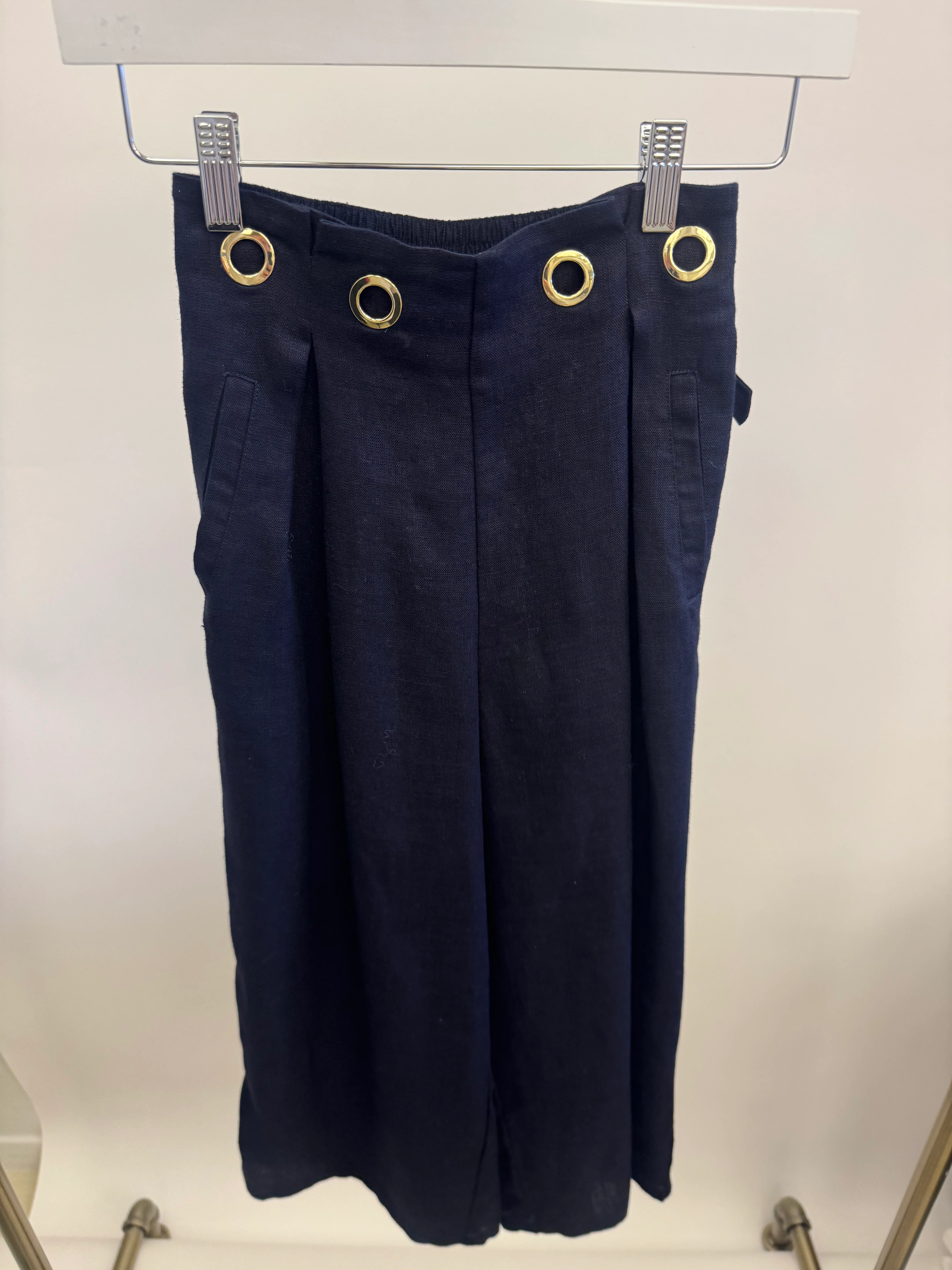Chloé Kids Navy Linen Trousers with Gold Buckle Details and Back Logo Size 10 years - Image 3