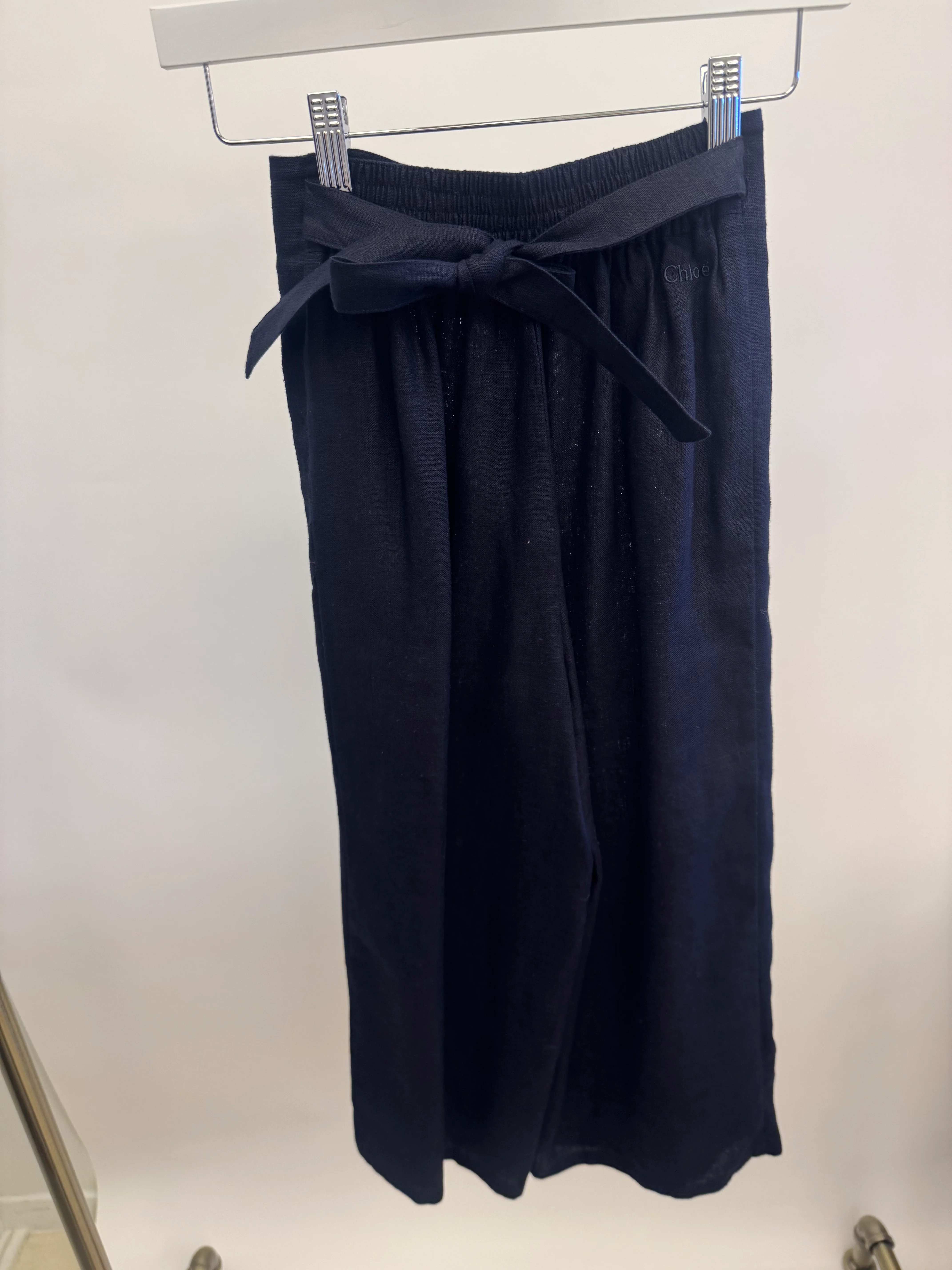 Chloé Kids Navy Linen Trousers with Gold Buckle Details and Back Logo Size 10 years - Image 4