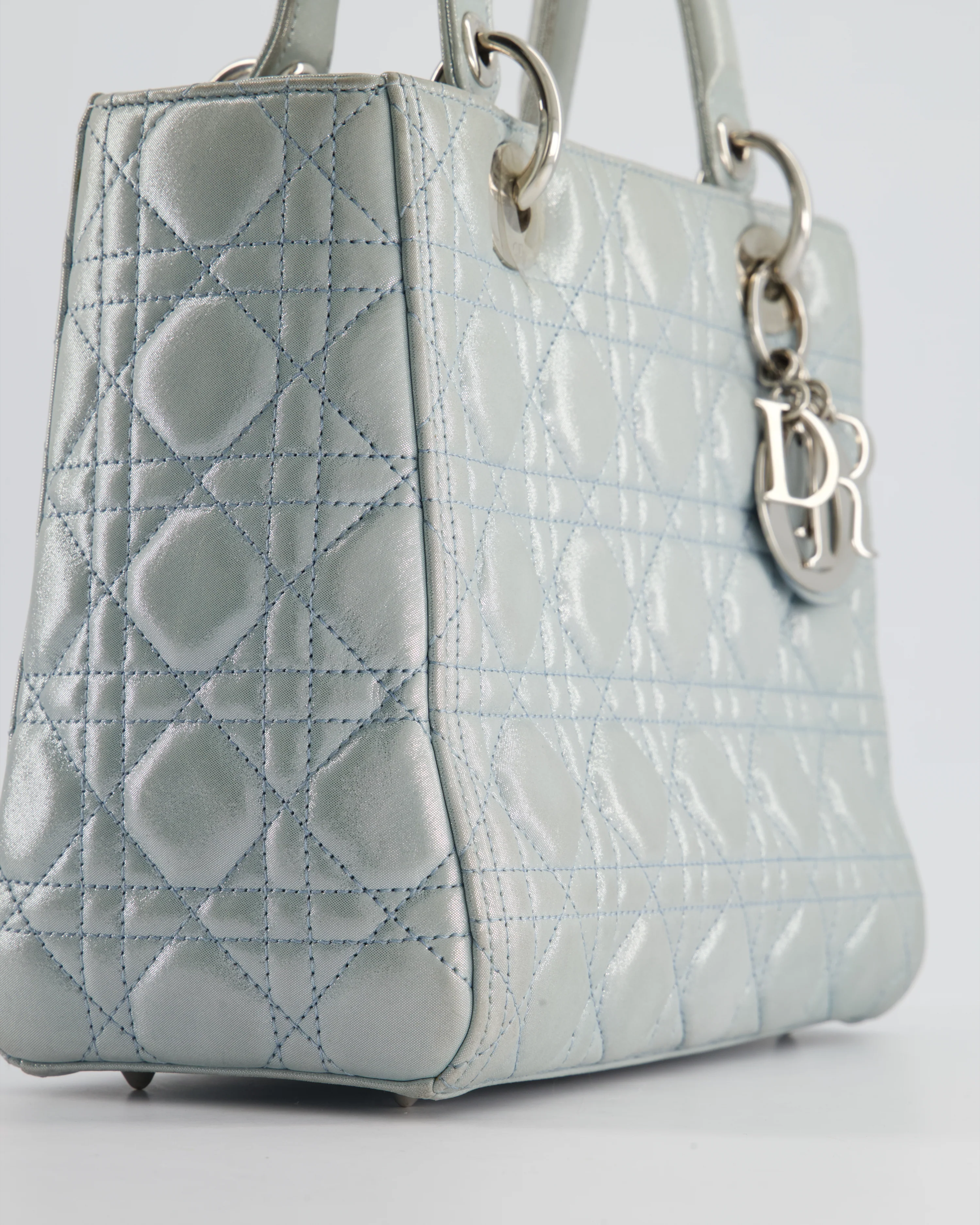 Christian Dior Baby Blue Metallic Medium Lady Dior Bag with Silver Hardware - Image 14