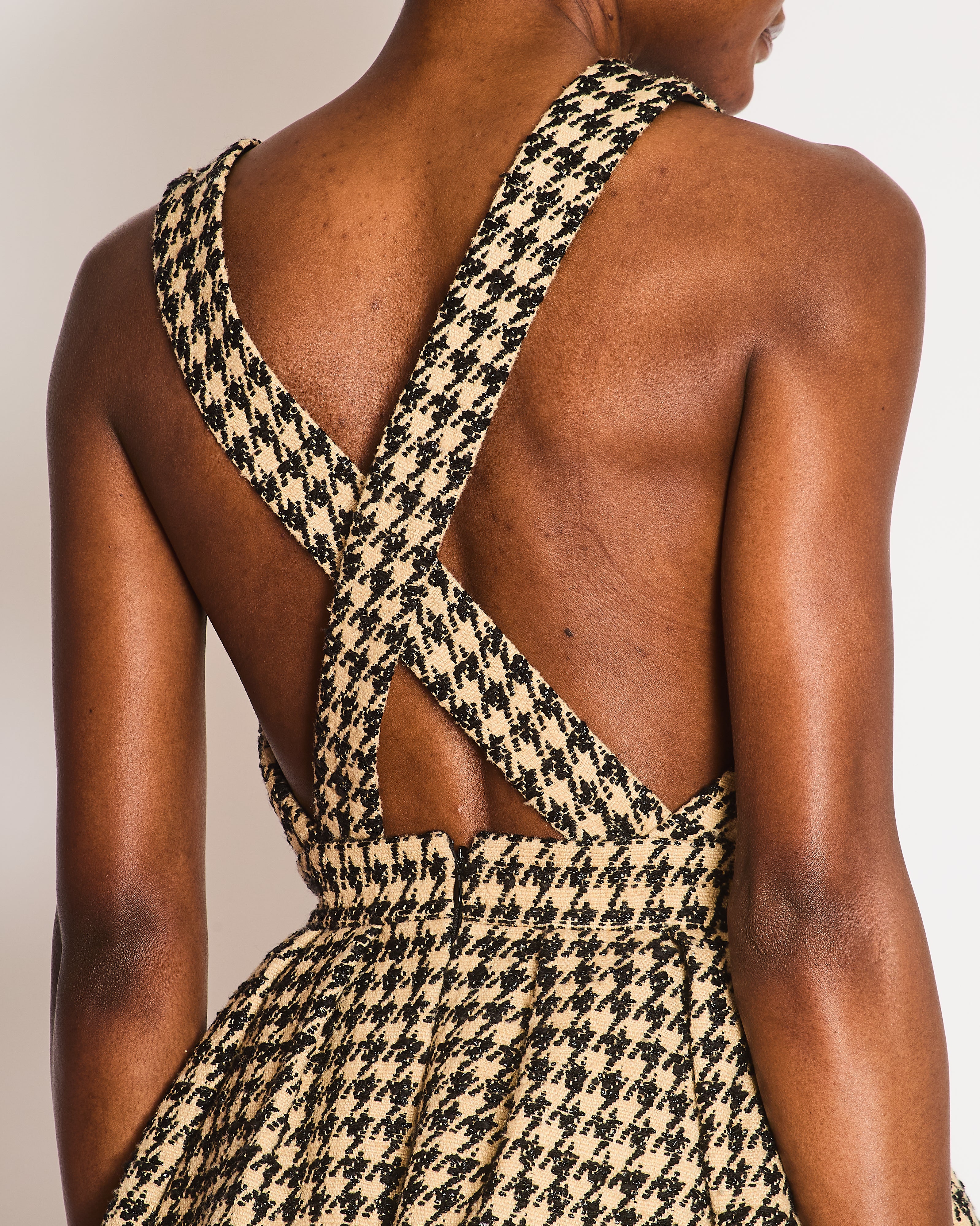 Christian Dior Beige and Black Houndstooth Sleeveless Mini Dress with Crossover Back Strap Detail Size FR 36 (UK 8) - Image 4