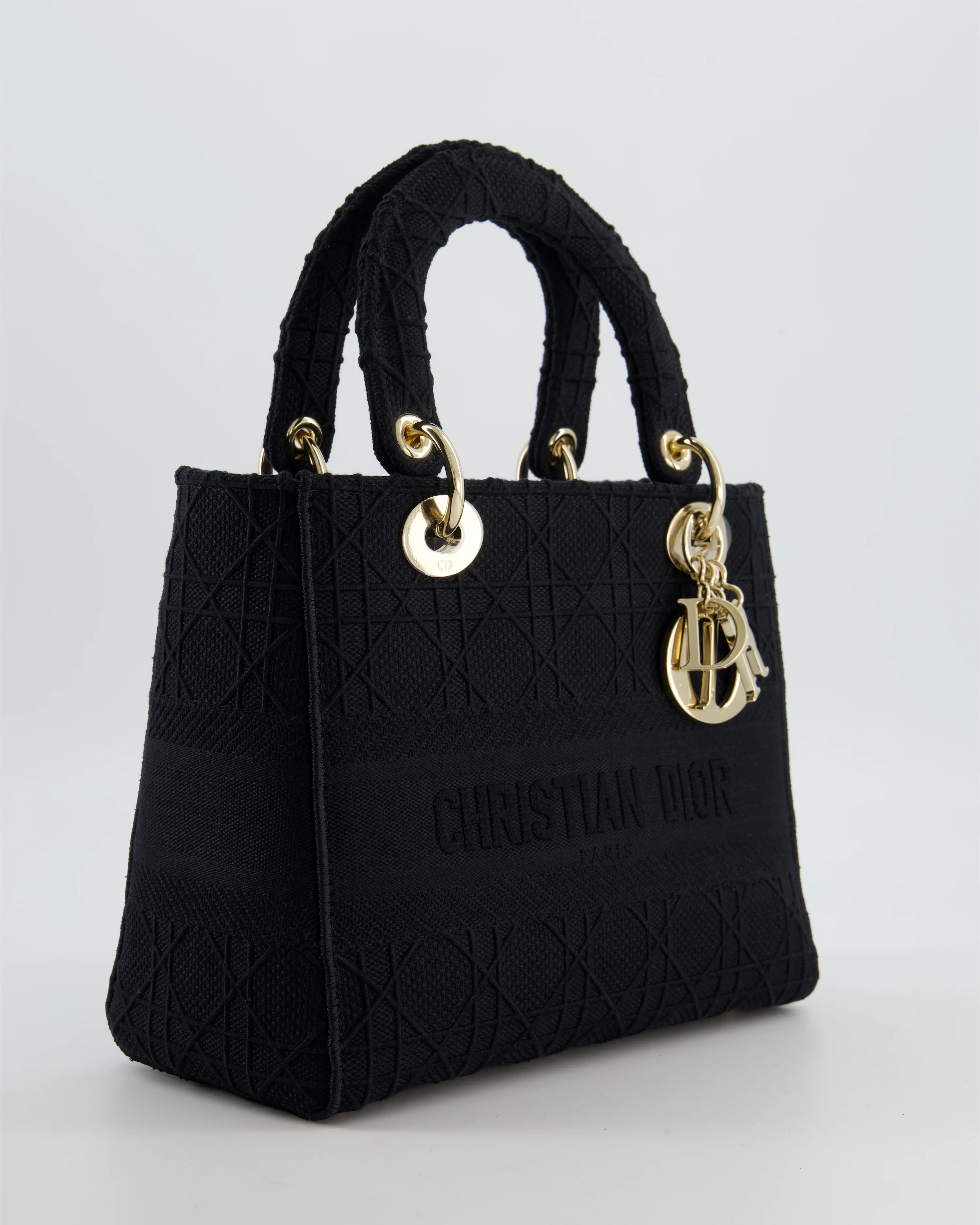 Christian Dior Black Medium Lady D-Lite Bag in Cotton Cannage Canvas with Champagne Gold Hardware RRP £4,100 - Image 4