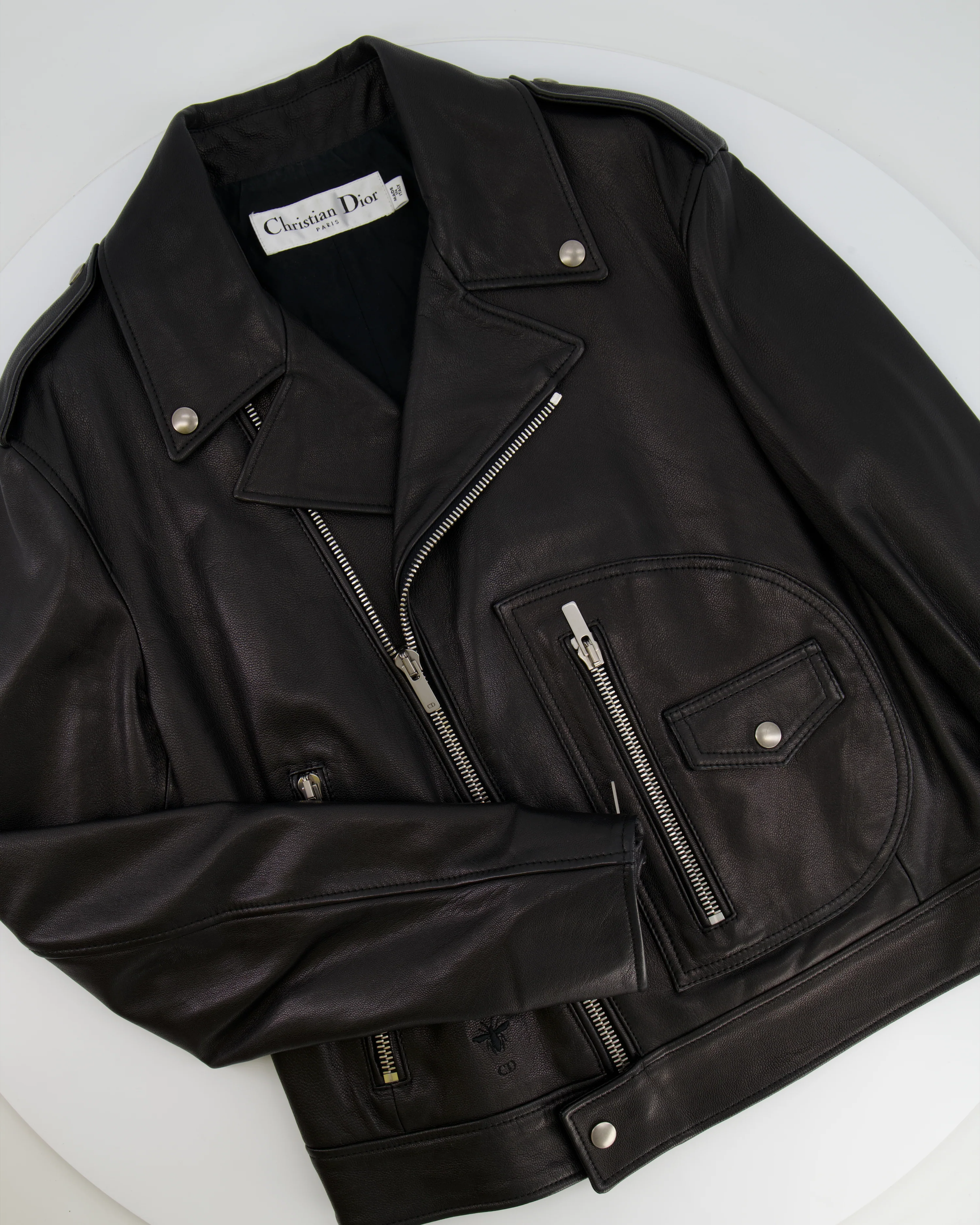 Christian Dior Black Leather Biker Jacket with Silver Zip Detail and Stitch Logo FR 40 (UK 12) - Image 9