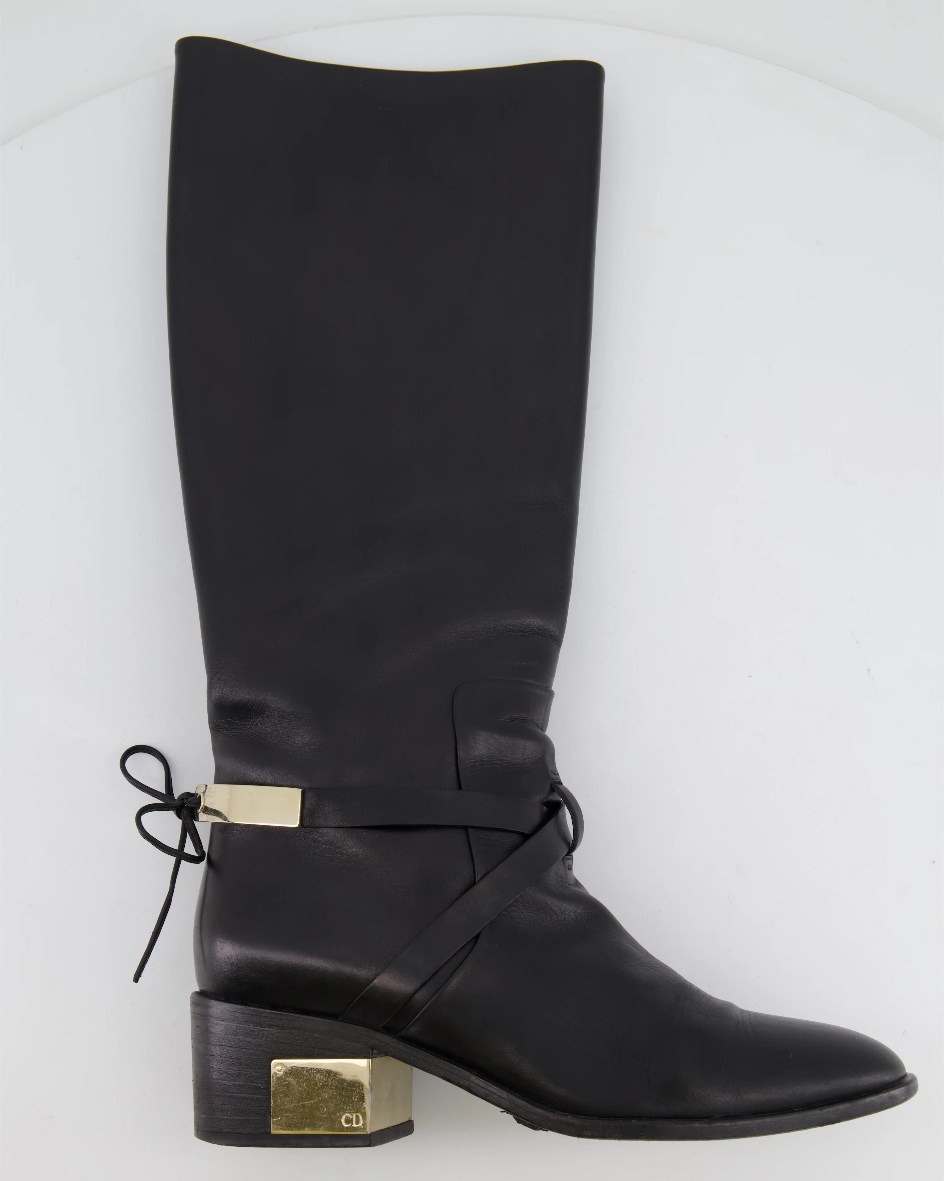 Christian Dior Black Leather Knee High Boots with Gold Logo Detail Size EU 37