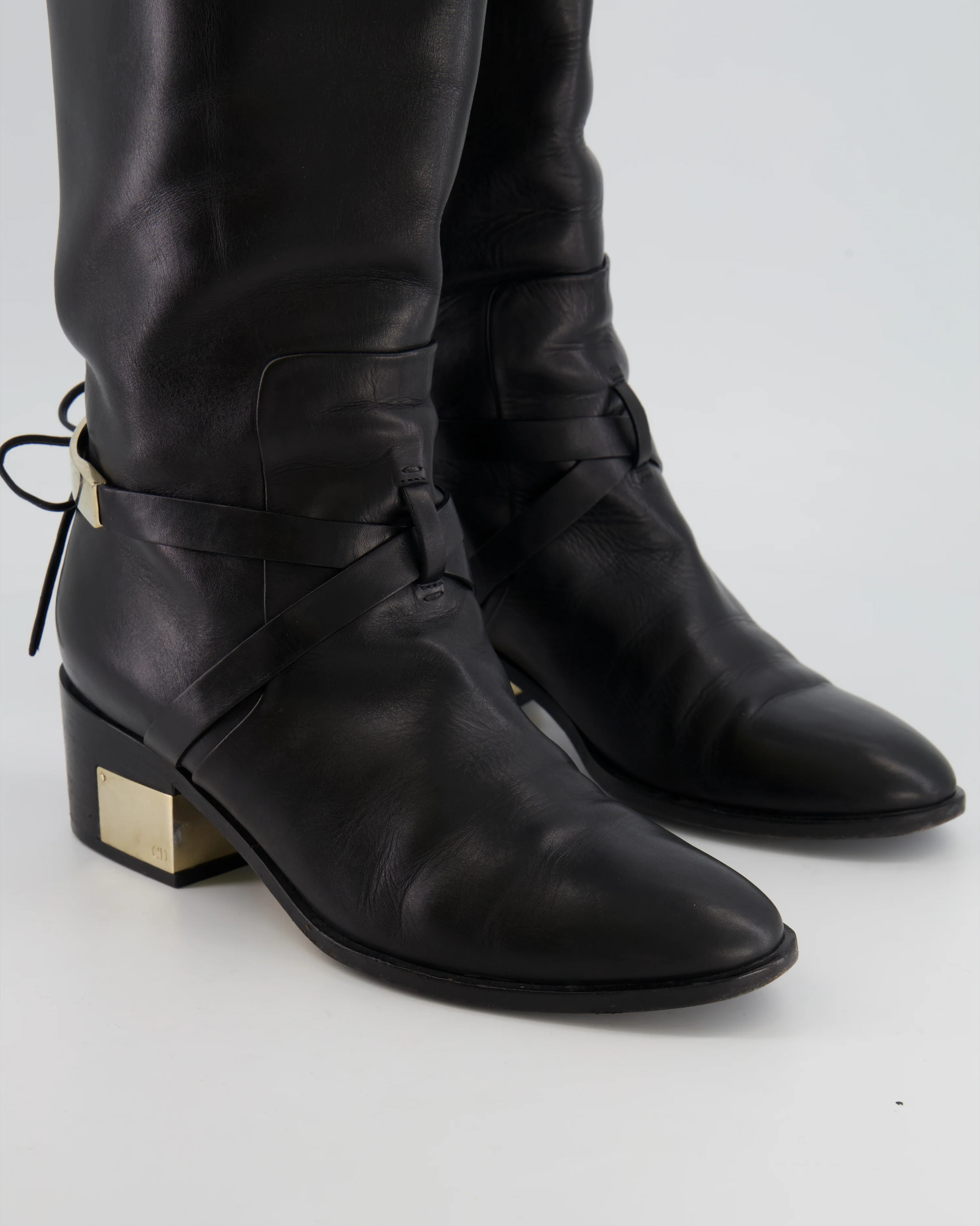 Christian Dior Black Leather Knee High Boots with Gold Logo Detail Size EU 37 - Image 3
