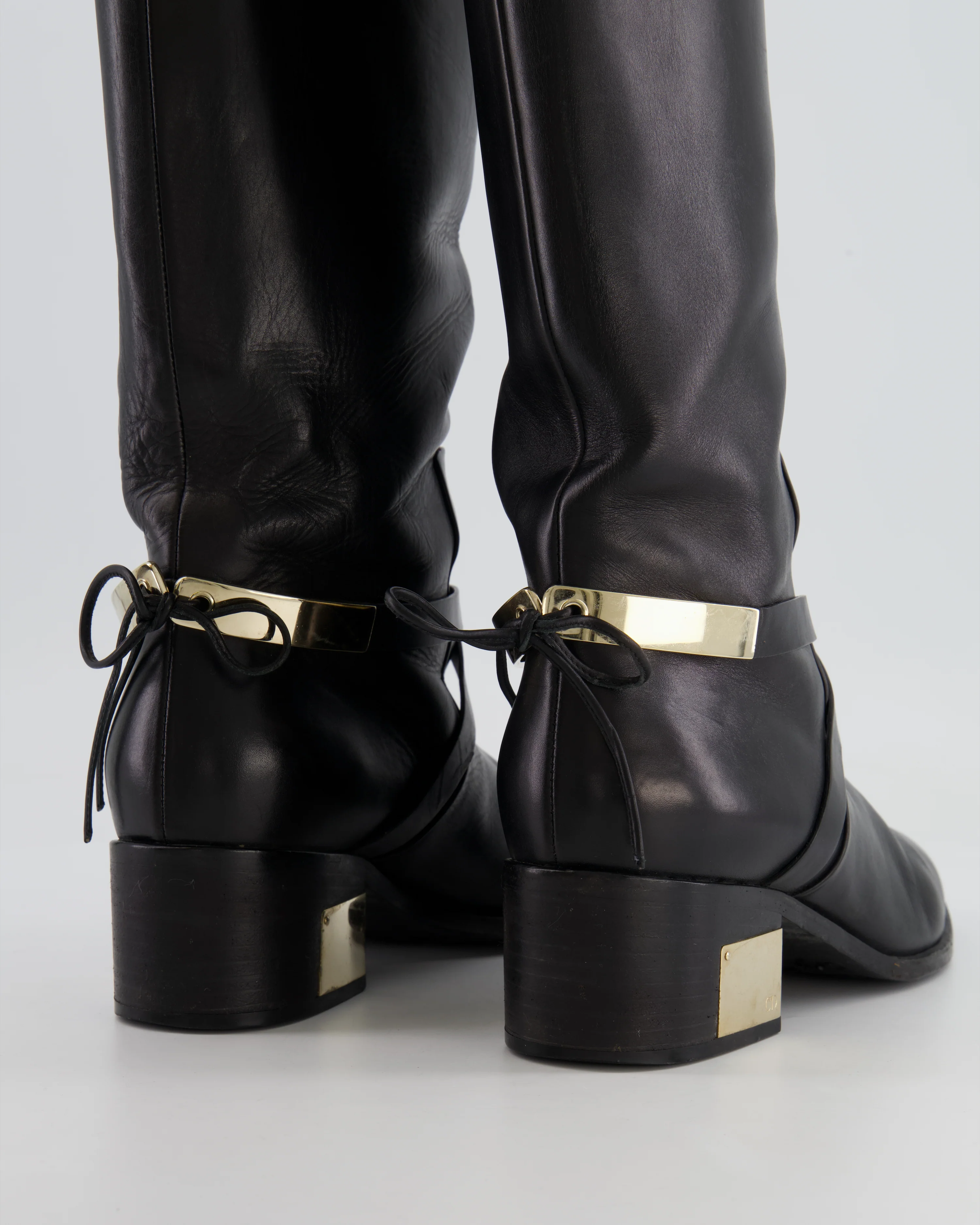 Christian Dior Black Leather Knee High Boots with Gold Logo Detail Size EU 37 - Image 4