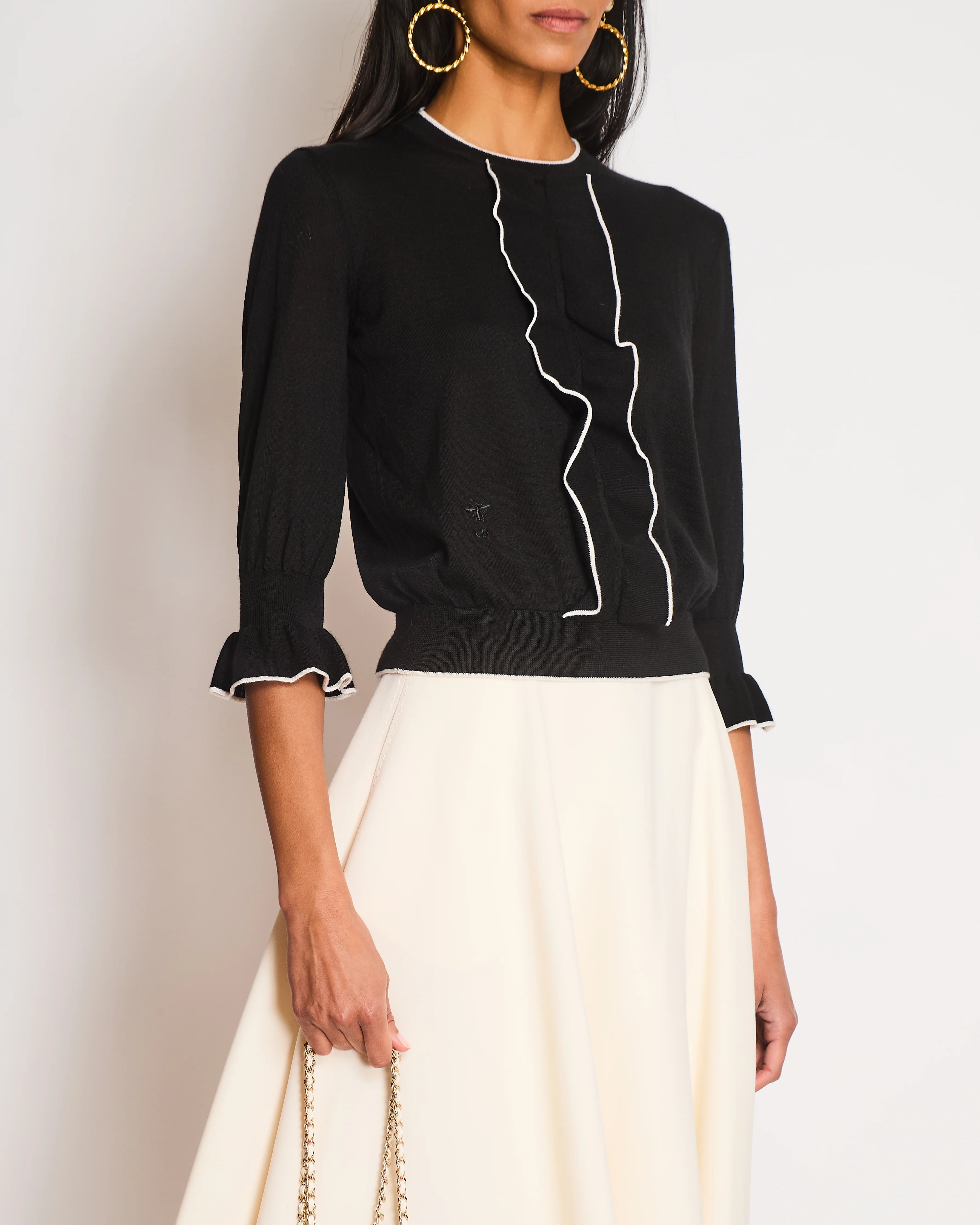 Christian Dior Black Long Sleeve Cashmere Jumper with White Piping Trim and Bee Logo Detail Size FR 38 (UK 10)