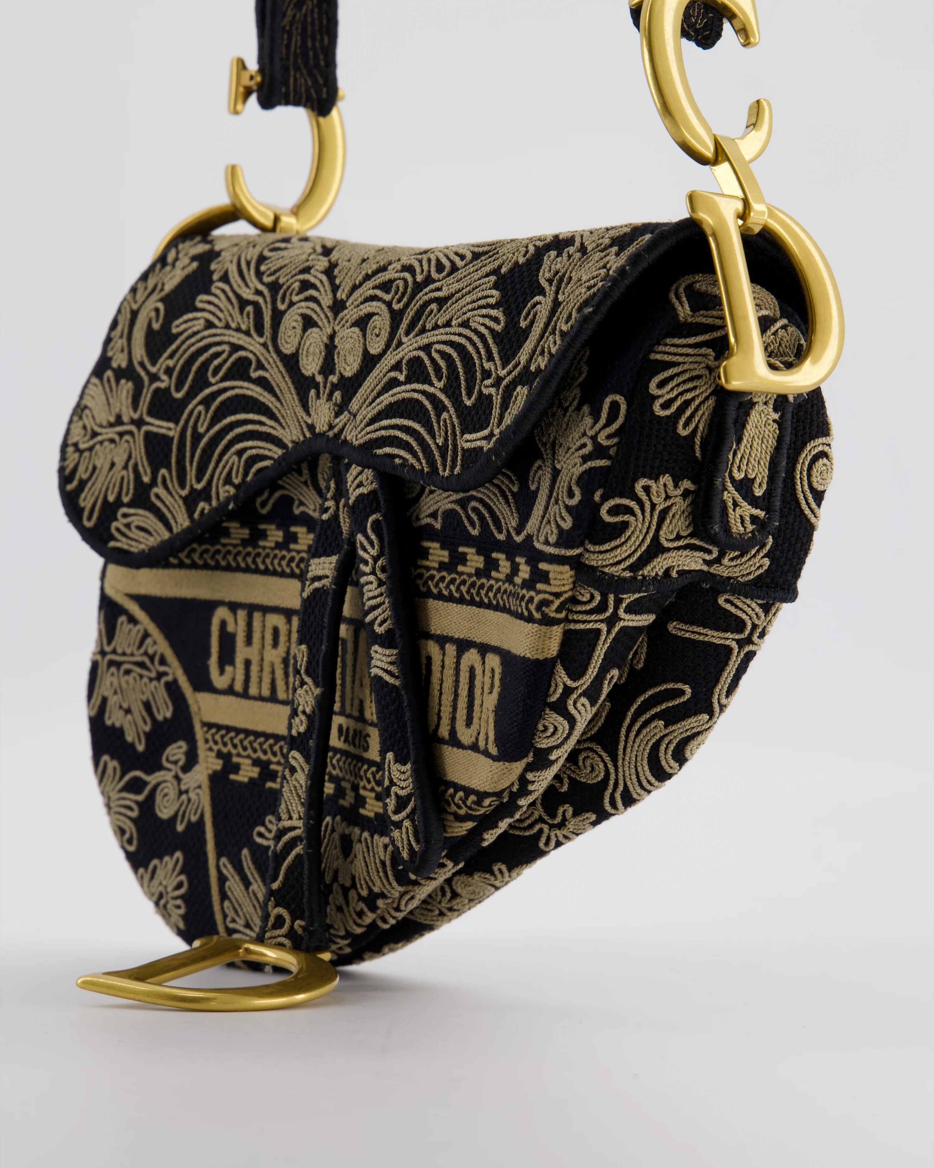 Christian Dior Blue and Beige Ornamental Embroidery Saddle Bag with Antique Gold Hardware - Image 10