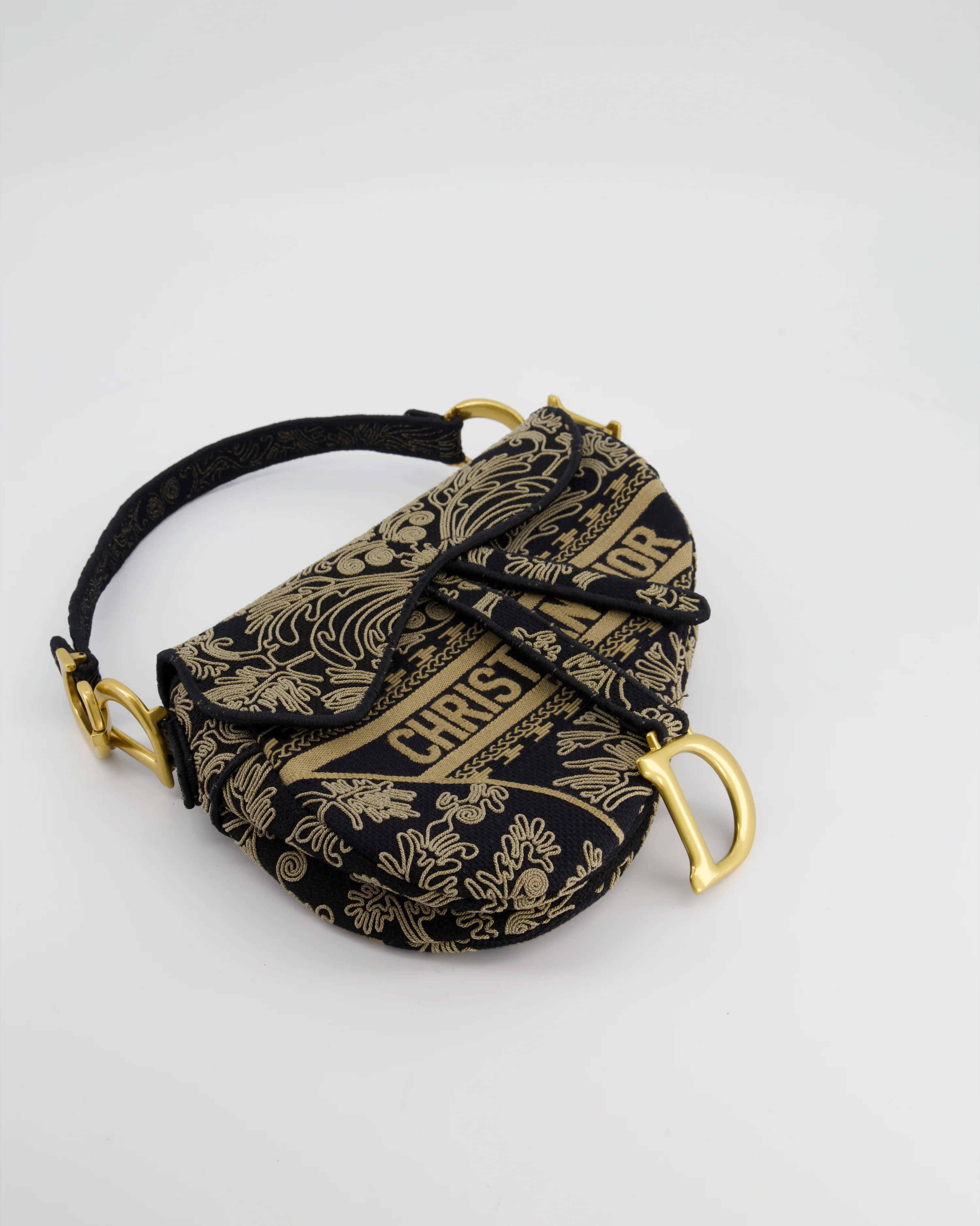 Christian Dior Blue and Beige Ornamental Embroidery Saddle Bag with Antique Gold Hardware - Image 16
