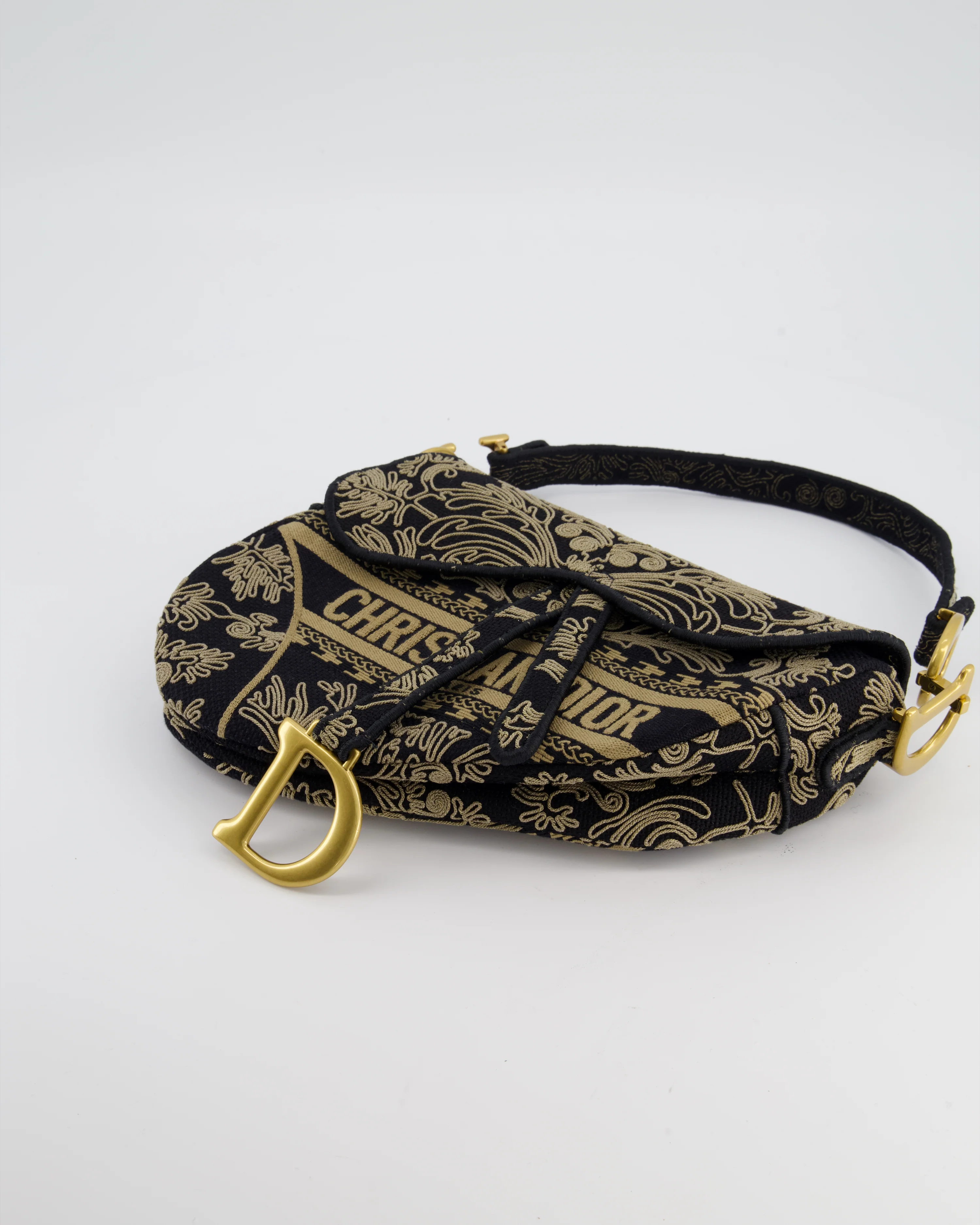 Christian Dior Blue and Beige Ornamental Embroidery Saddle Bag with Antique Gold Hardware - Image 18