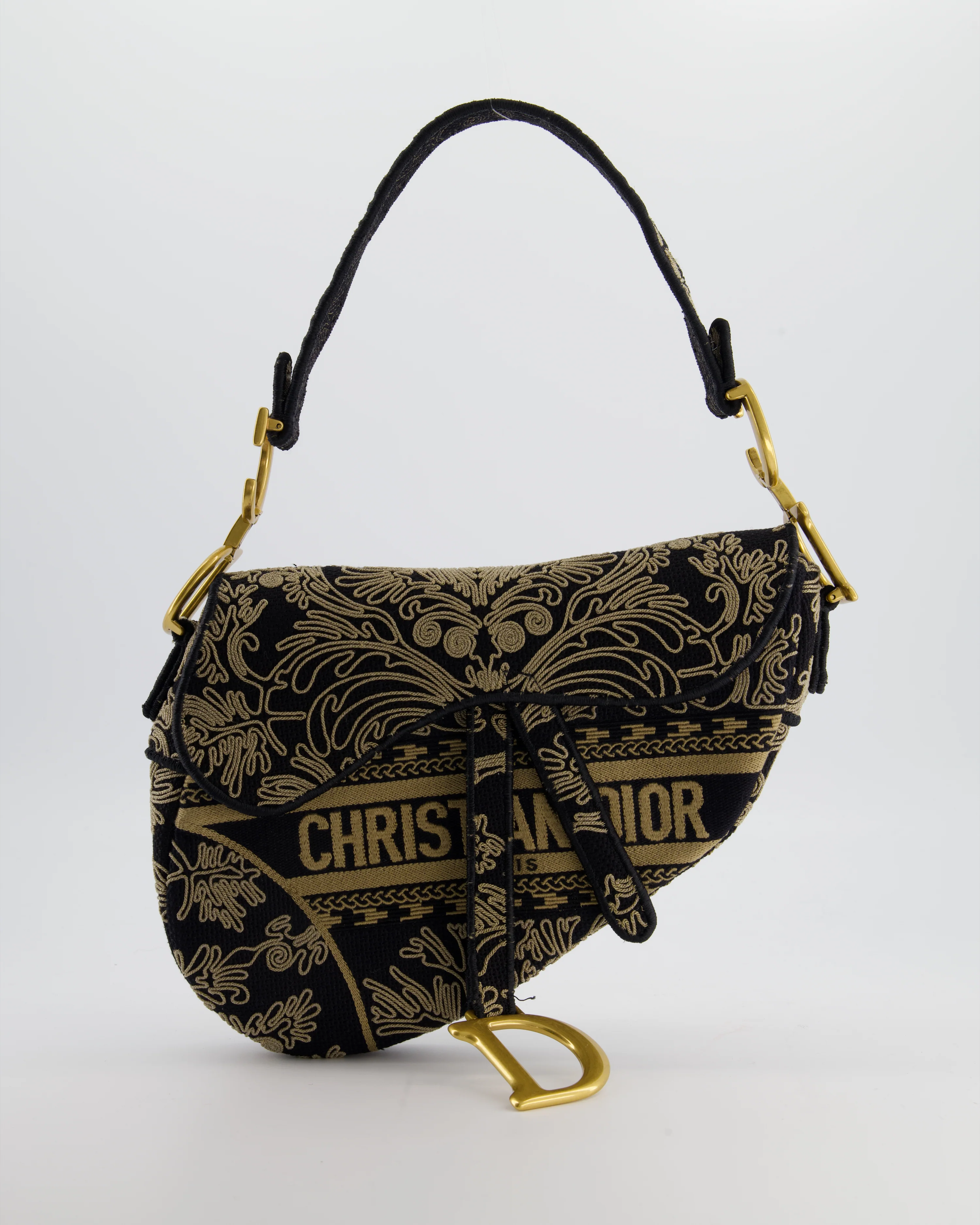 Christian Dior Blue and Beige Ornamental Embroidery Saddle Bag with Antique Gold Hardware - Image 2