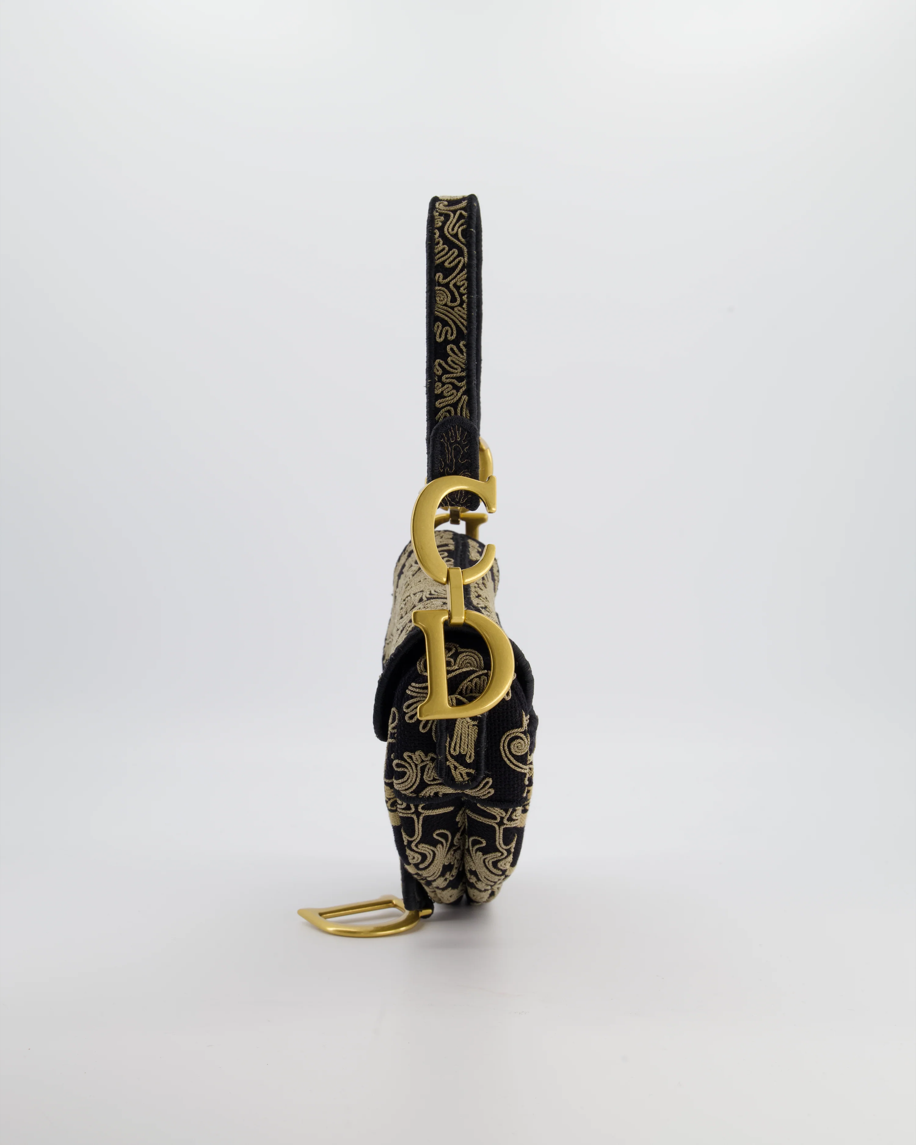 Christian Dior Blue and Beige Ornamental Embroidery Saddle Bag with Antique Gold Hardware - Image 7