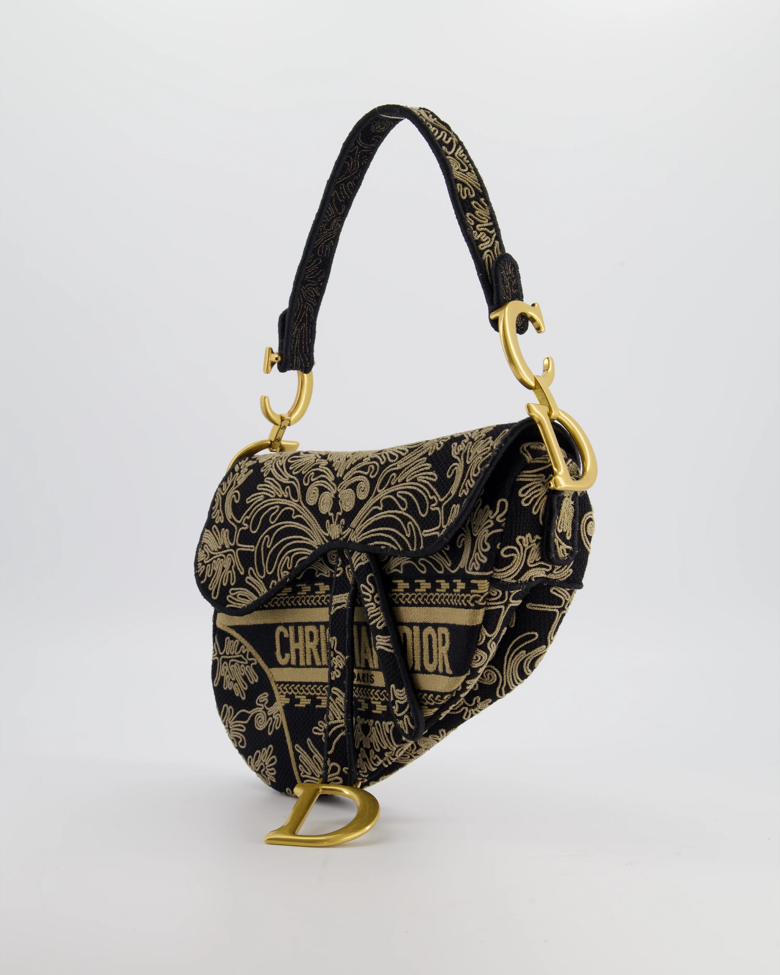 Christian Dior Blue and Beige Ornamental Embroidery Saddle Bag with Antique Gold Hardware - Image 8