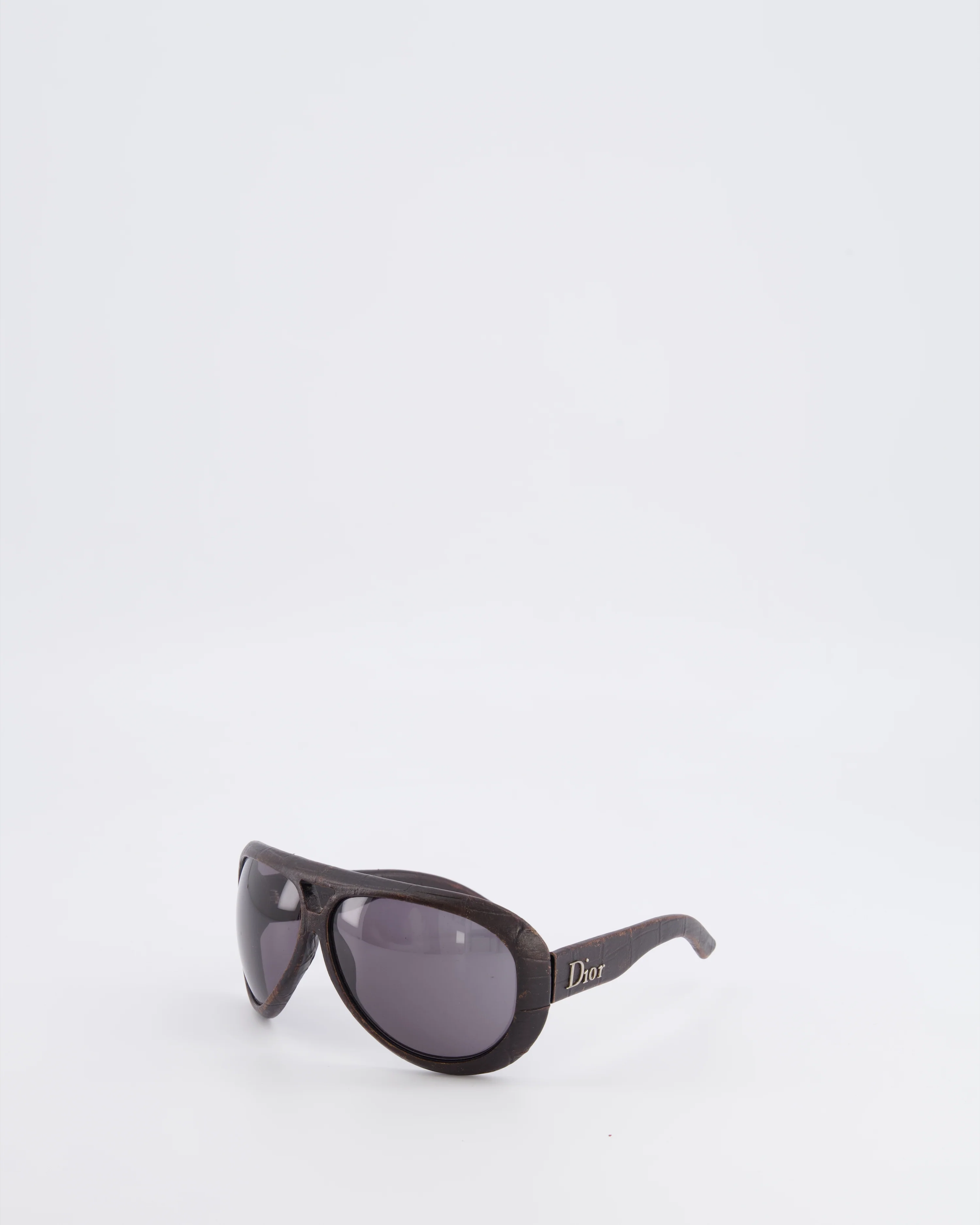 Christian Dior Wood Brown Leather Sunglasses with Silver Logo Detail - Image 3