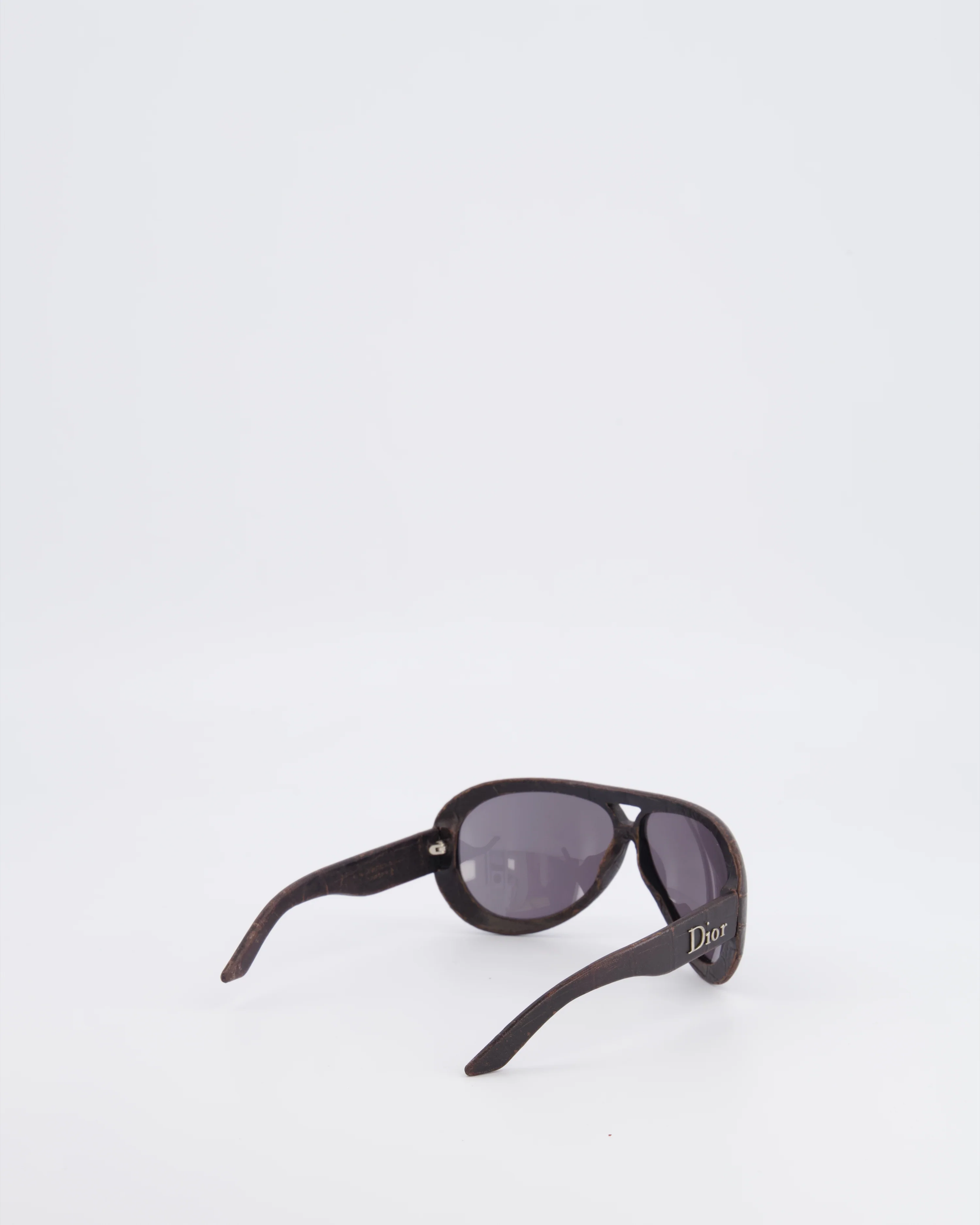 Christian Dior Wood Brown Leather Sunglasses with Silver Logo Detail - Image 4