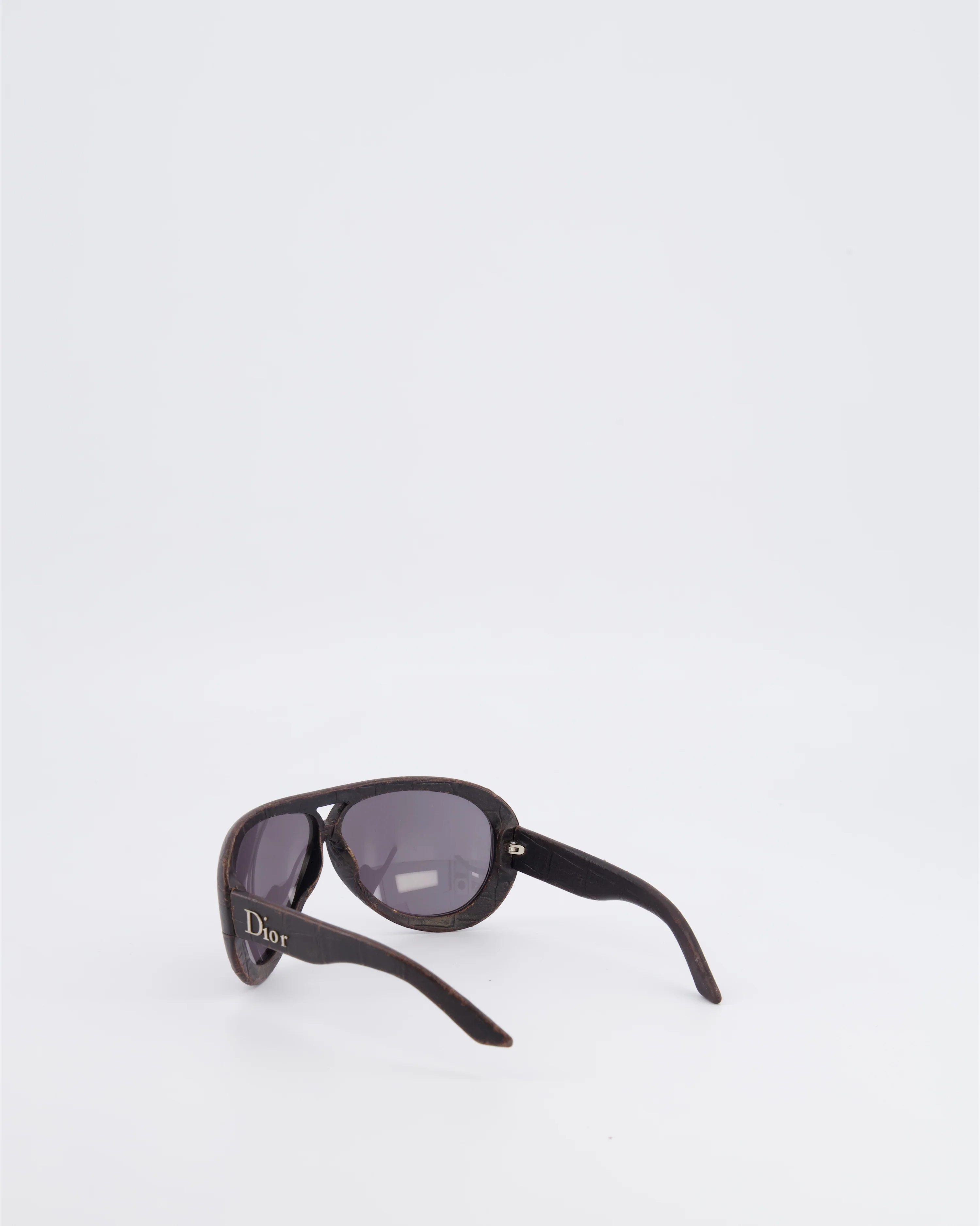 Christian Dior Wood Brown Leather Sunglasses with Silver Logo Detail - Image 5