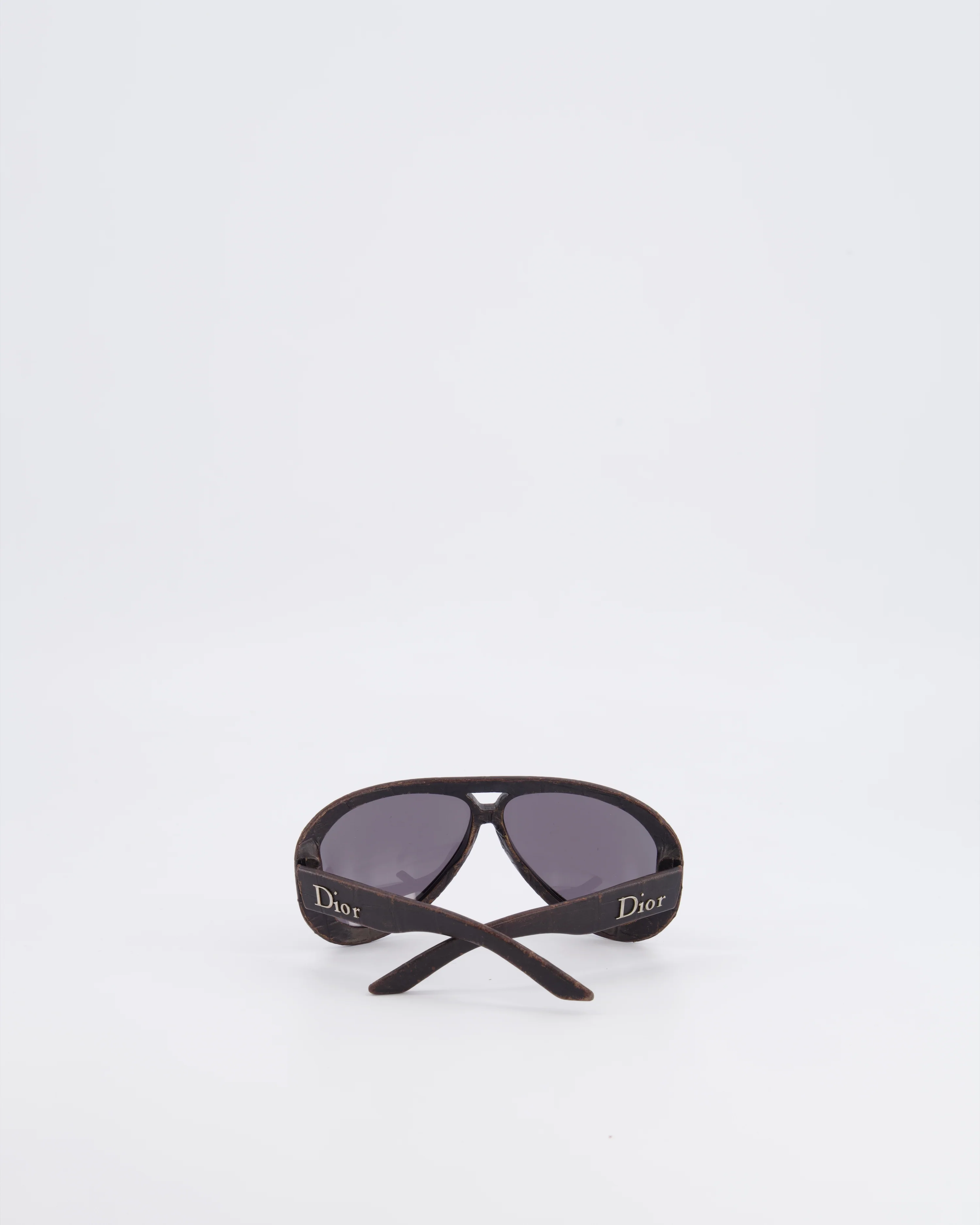 Christian Dior Wood Brown Leather Sunglasses with Silver Logo Detail - Image 7