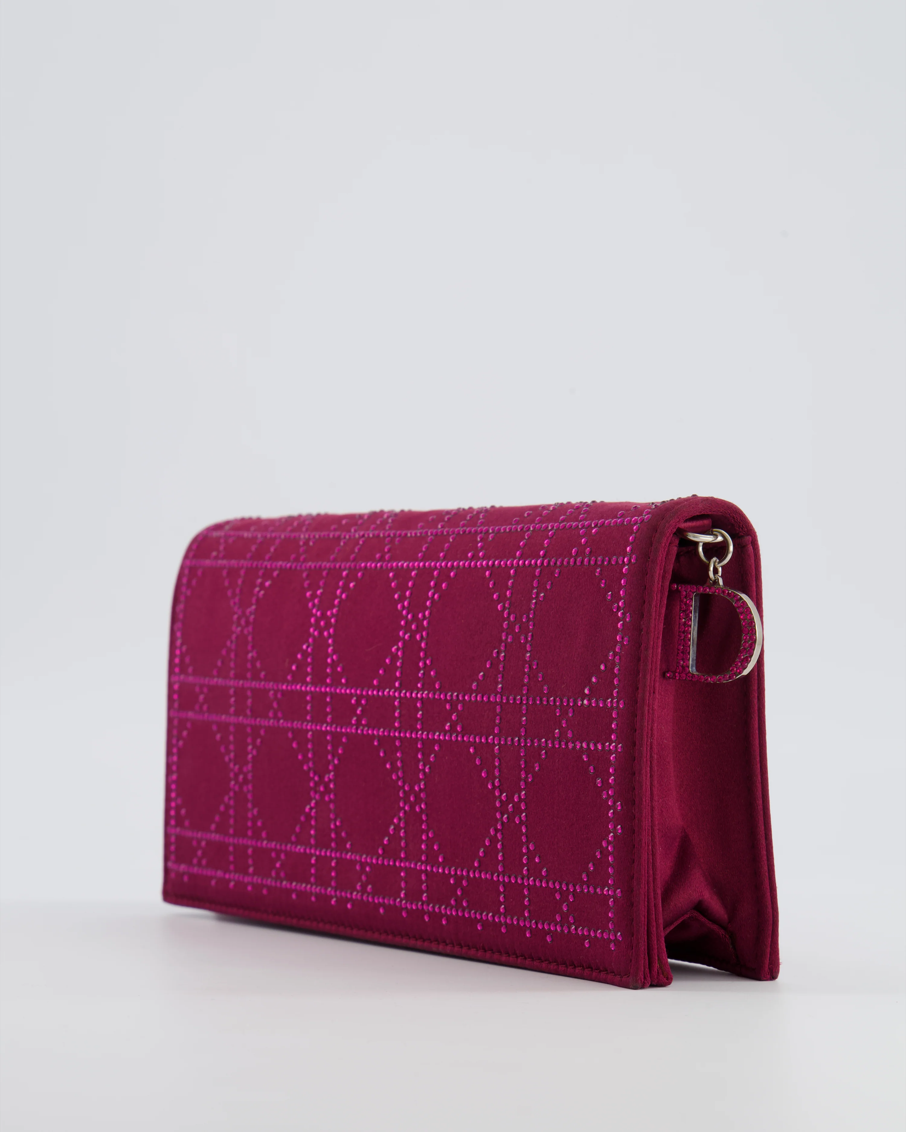 Christian Dior Burgundy Satin Crystal Embellished Cannage Chain Clutch Bag with Silver Hardware - Image 13