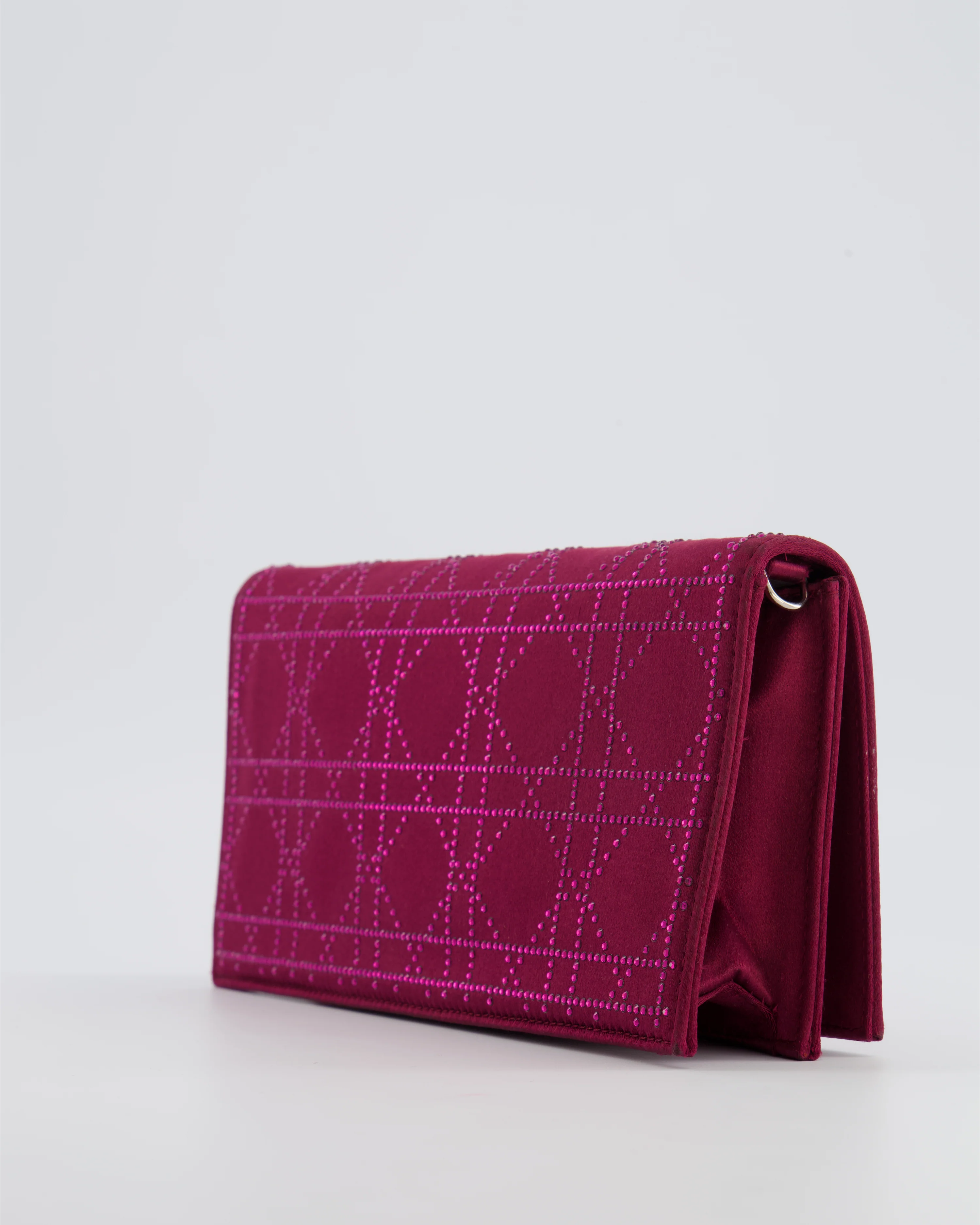 Christian Dior Burgundy Satin Crystal Embellished Cannage Chain Clutch Bag with Silver Hardware - Image 14
