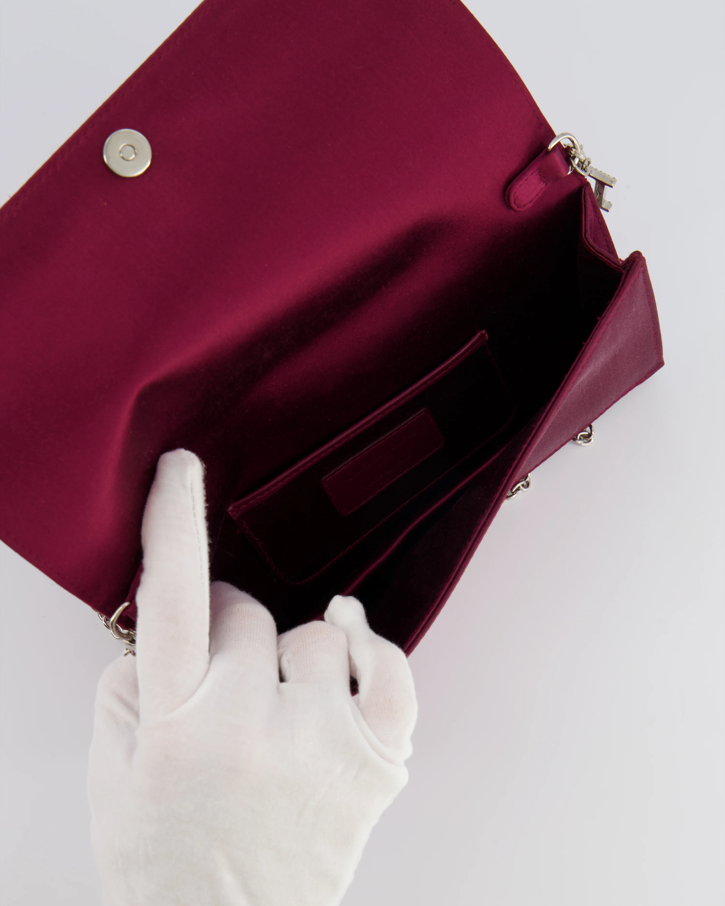 Christian Dior Burgundy Satin Crystal Embellished Cannage Chain Clutch Bag with Silver Hardware - Image 17