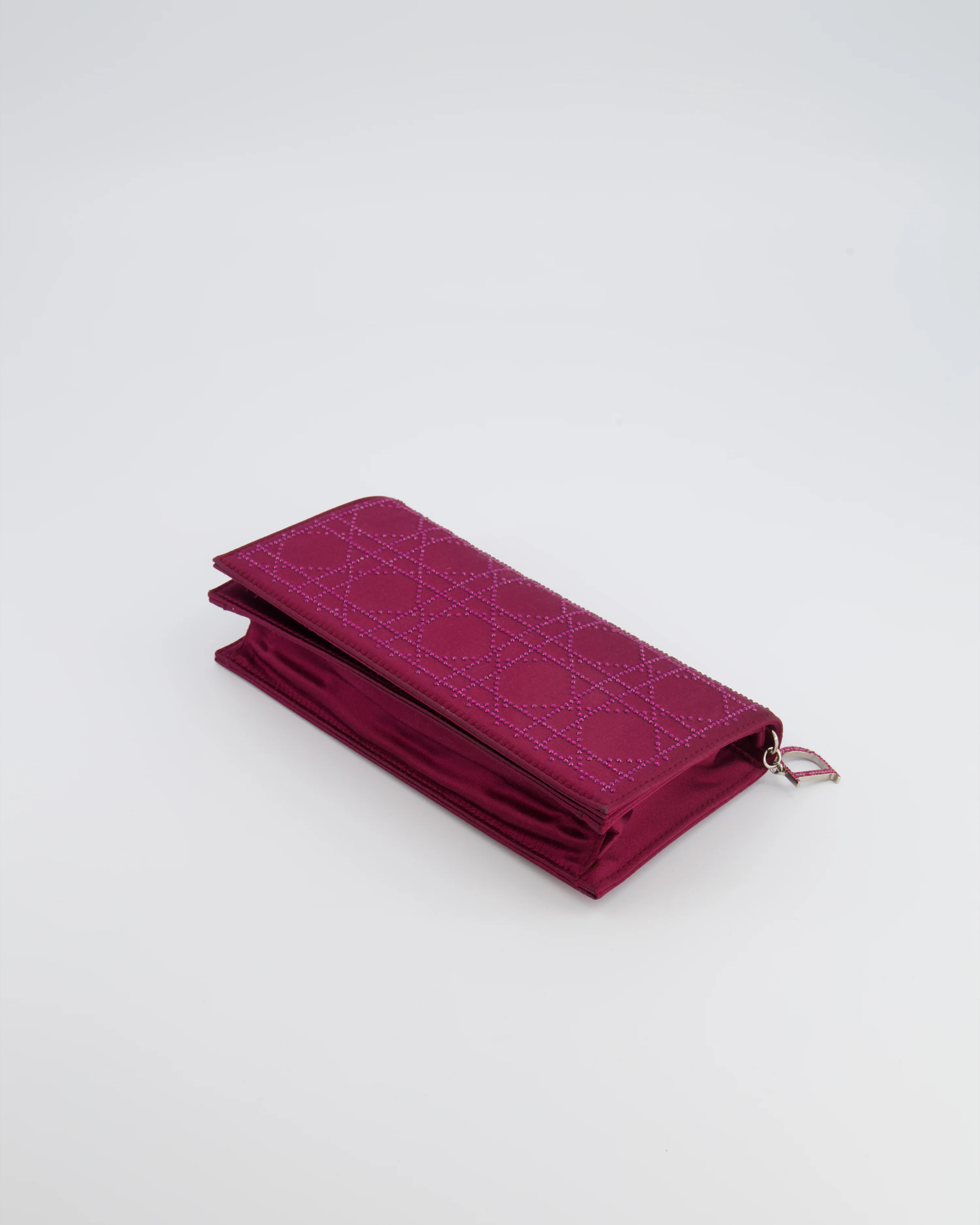 Christian Dior Burgundy Satin Crystal Embellished Cannage Chain Clutch Bag with Silver Hardware - Image 19
