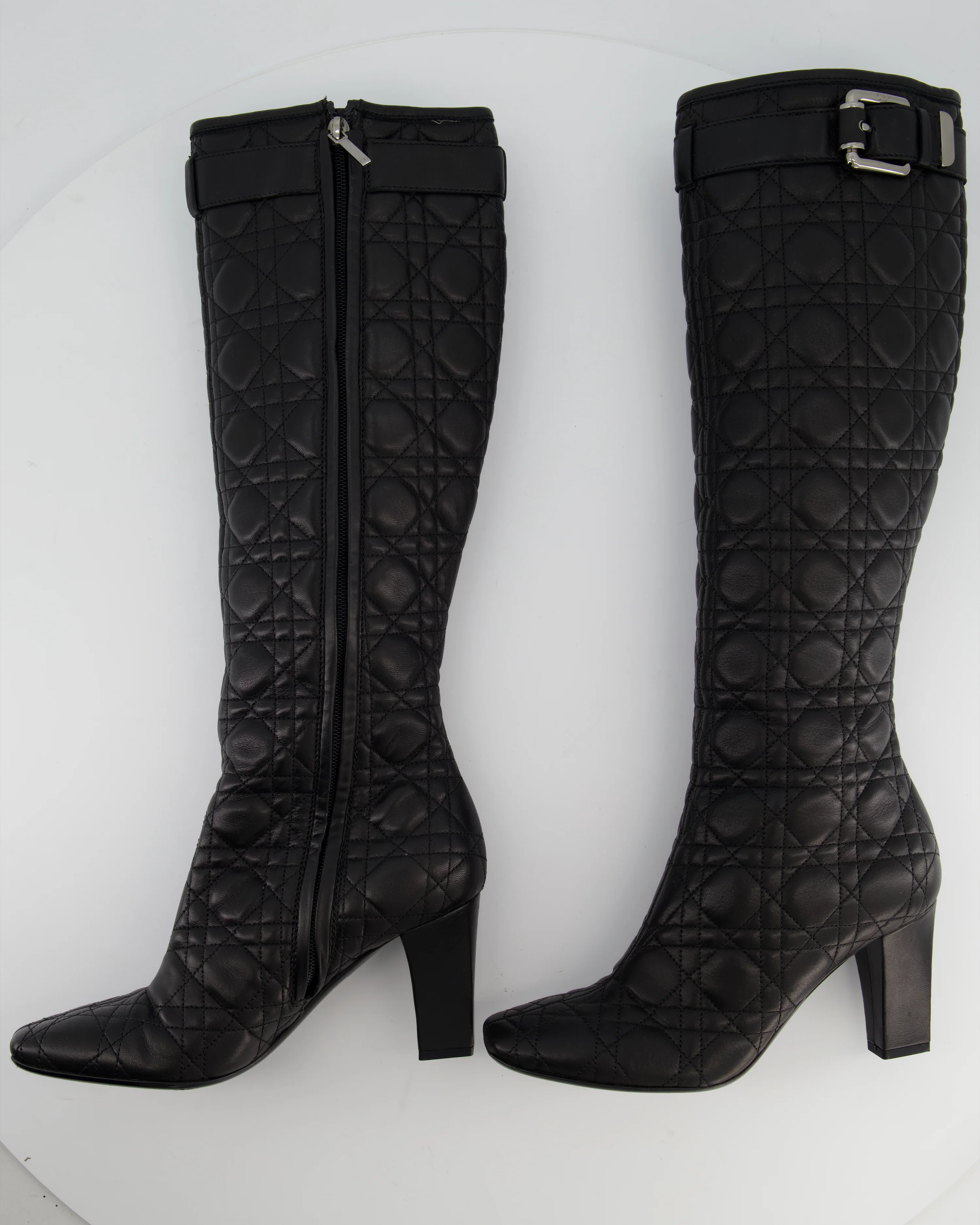 Christian Dior Cannage Black Leather Knee Boots with Buckle Detail Size 37 - Image 5