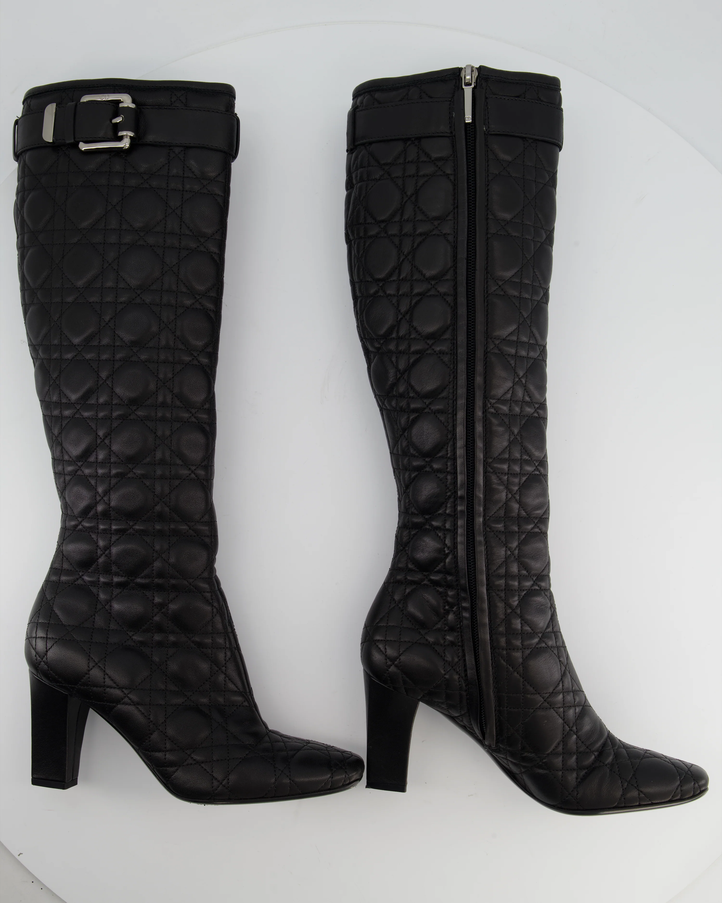 Christian Dior Cannage Black Leather Knee Boots with Buckle Detail Size 37 - Image 6