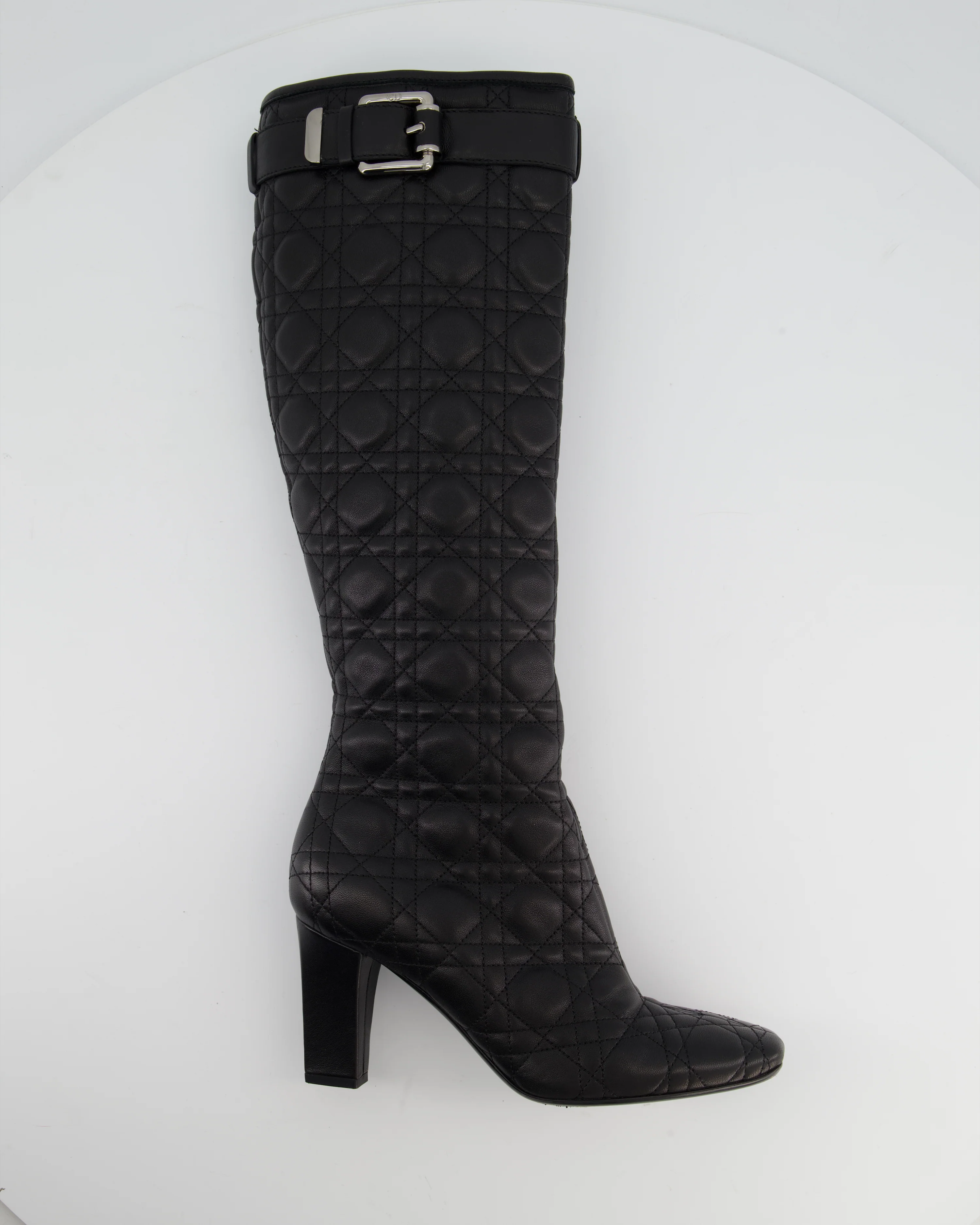 Christian Dior Cannage Black Leather Knee Boots with Buckle Detail Size 37 - Image 7