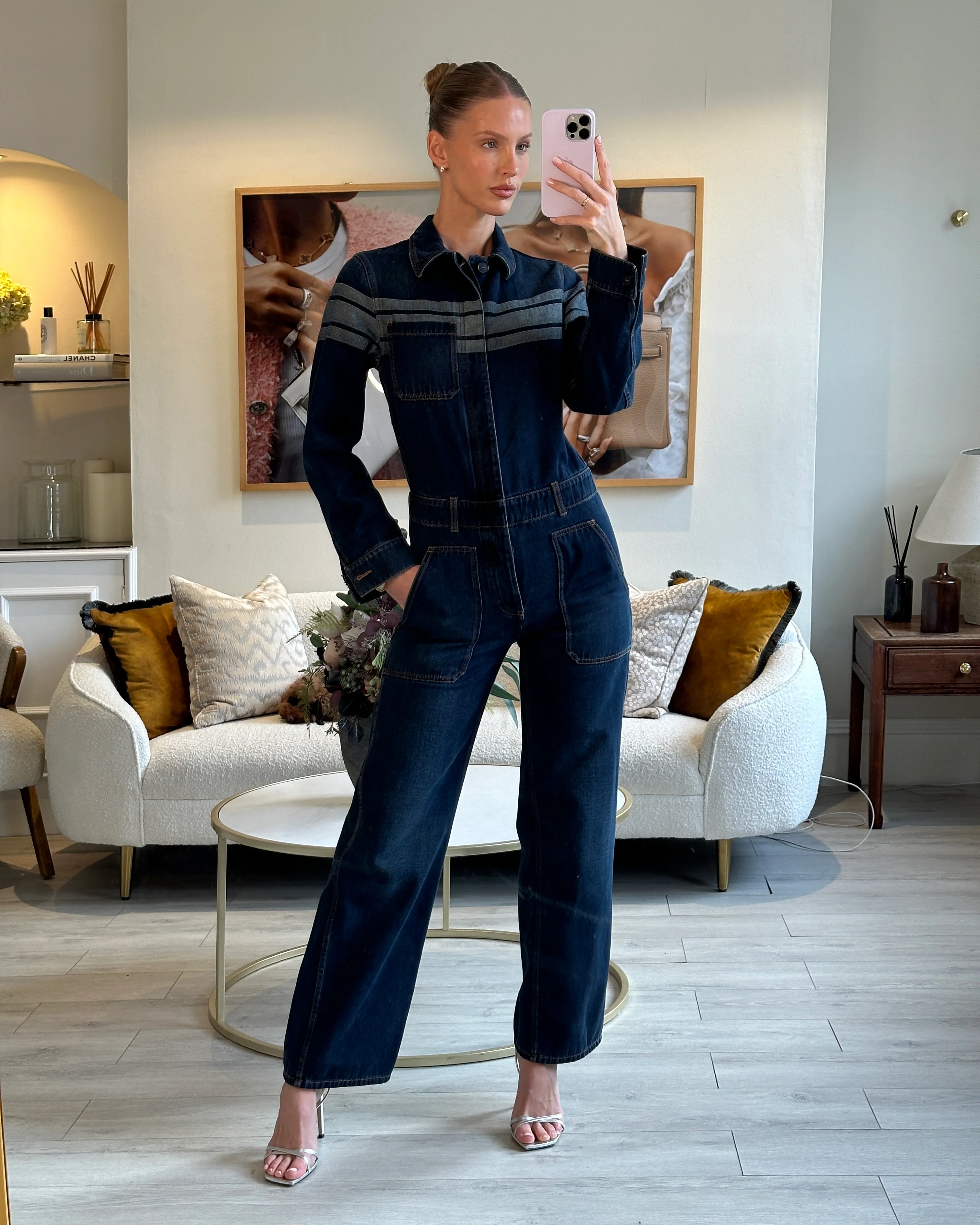 Christian Dior Dark Wash Long Sleeve Denim Jumpsuit with Stripe and Logo Detail Size FR 34 (UK 6) - Image 6