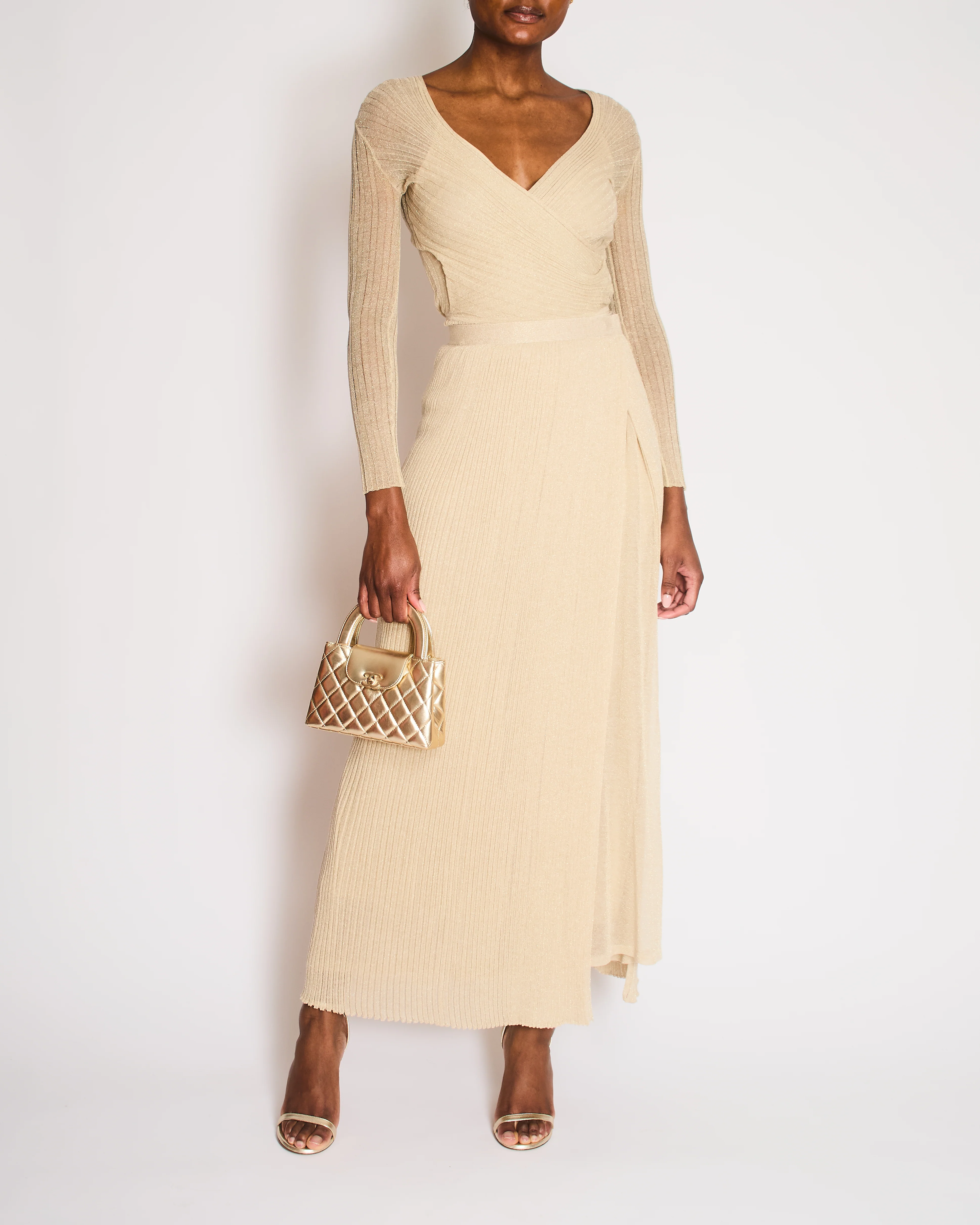 *RUNWAY* Christian Dior Cruise 2022 Gold Knit Ribbed Maxi Skirt with Waistband Detail Size FR 36 (UK 8)
