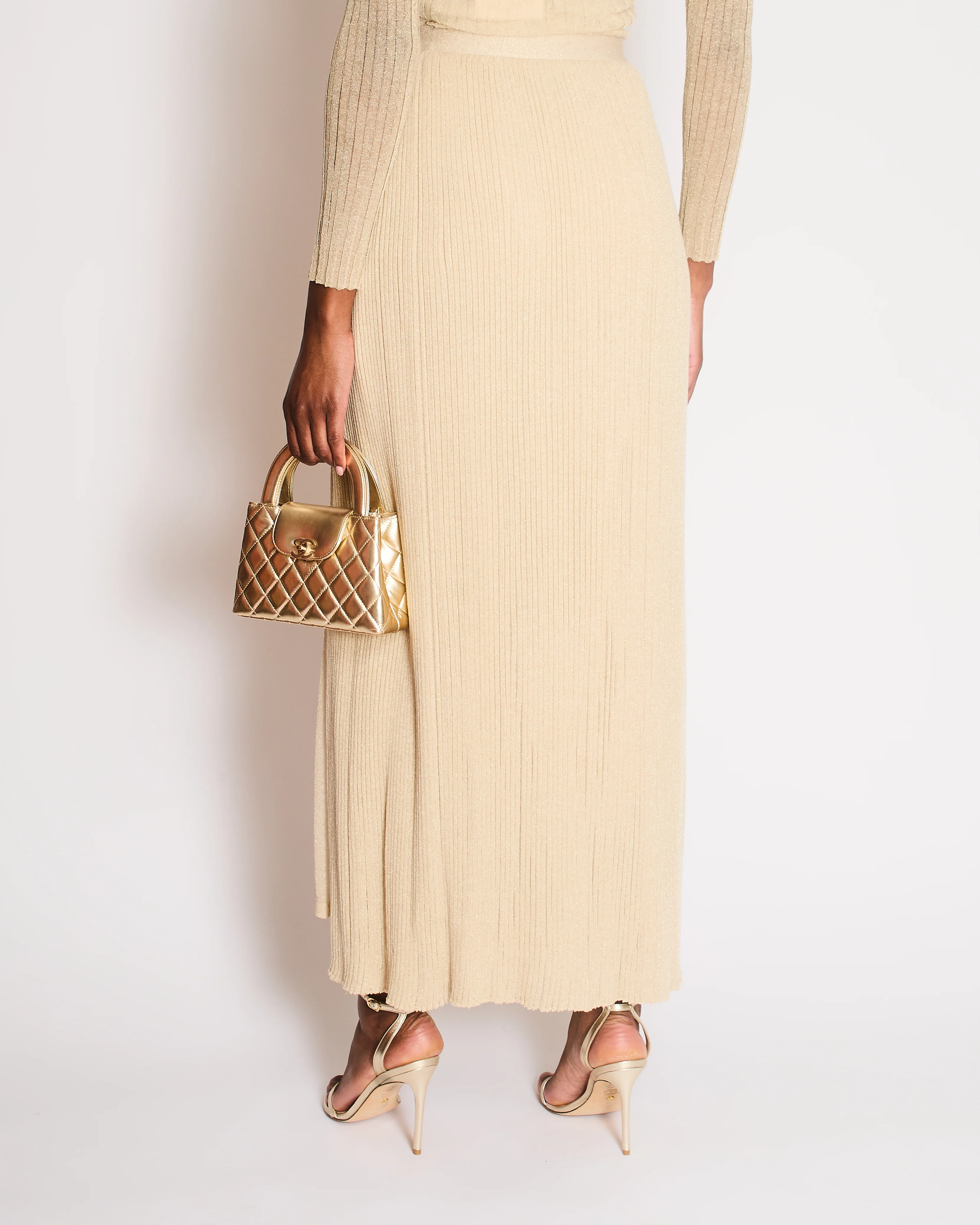 *RUNWAY* Christian Dior Cruise 2022 Gold Knit Ribbed Maxi Skirt with Waistband Detail Size FR 36 (UK 8) - Image 4